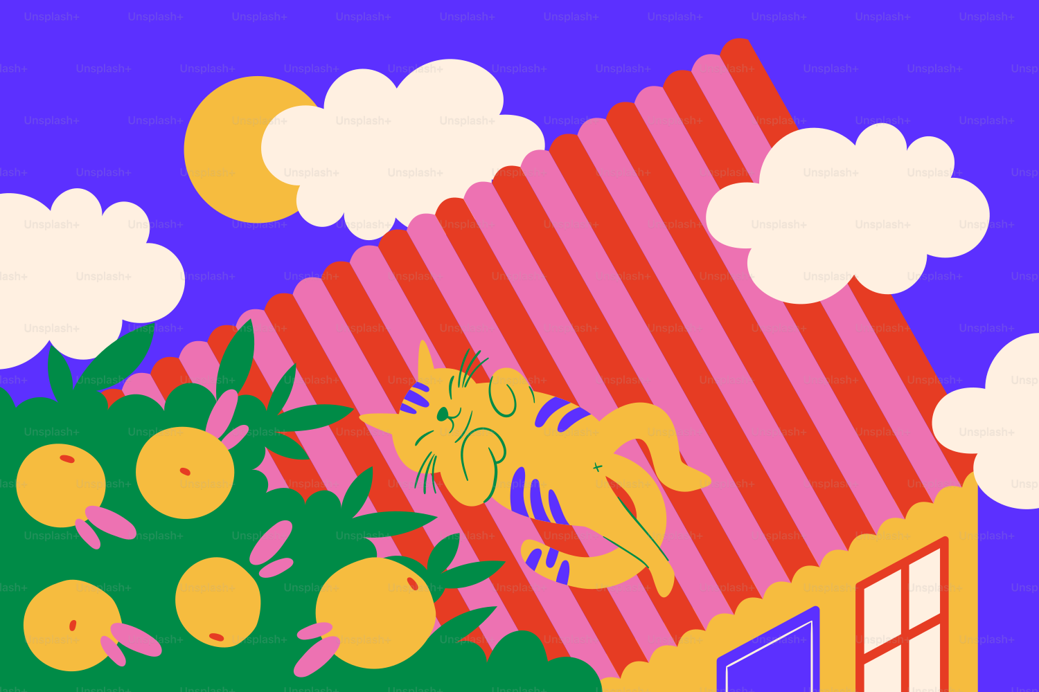 A yellow cat naps on a striped roof under clouds.