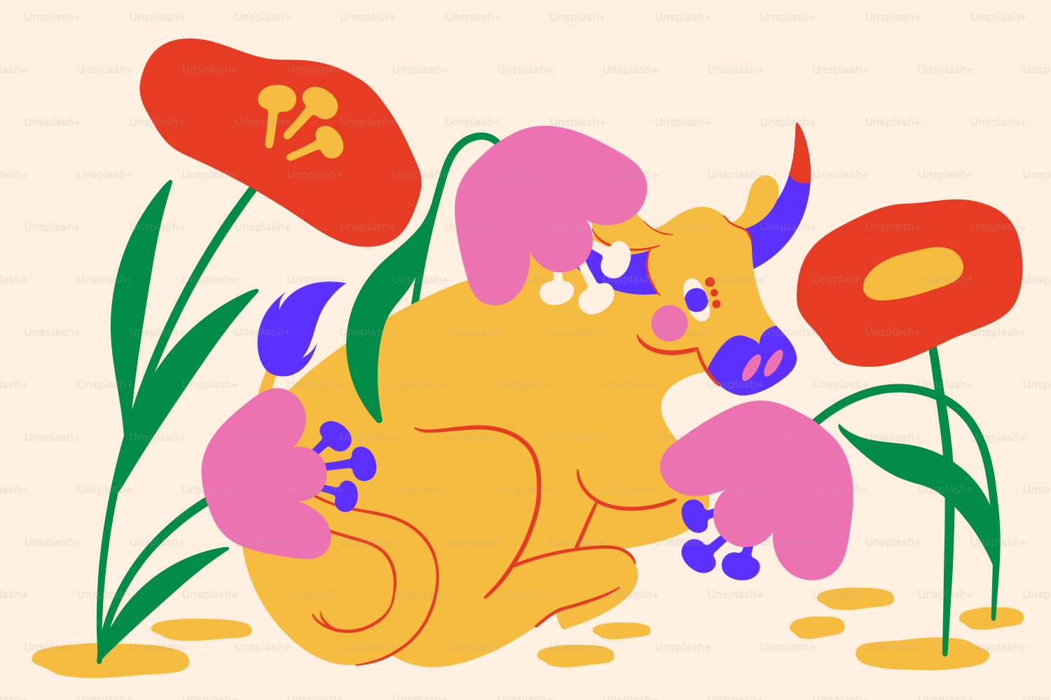 Whimsical yellow bull sits among abstract red flowers
