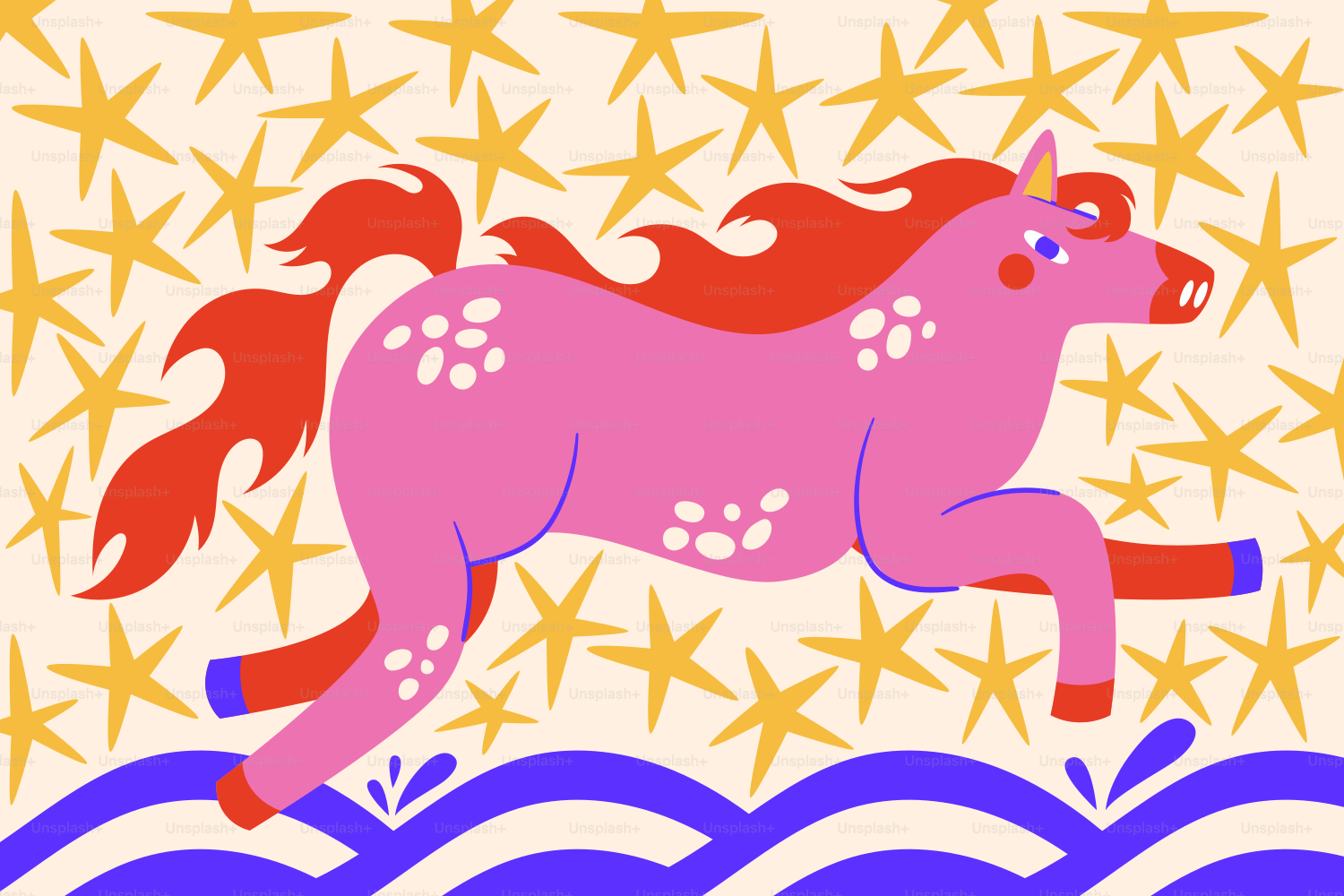 A pink unicorn with red mane running through waves