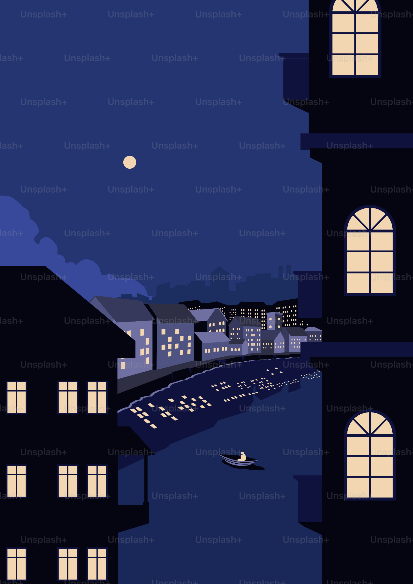 A lone boat travels on a river at night.