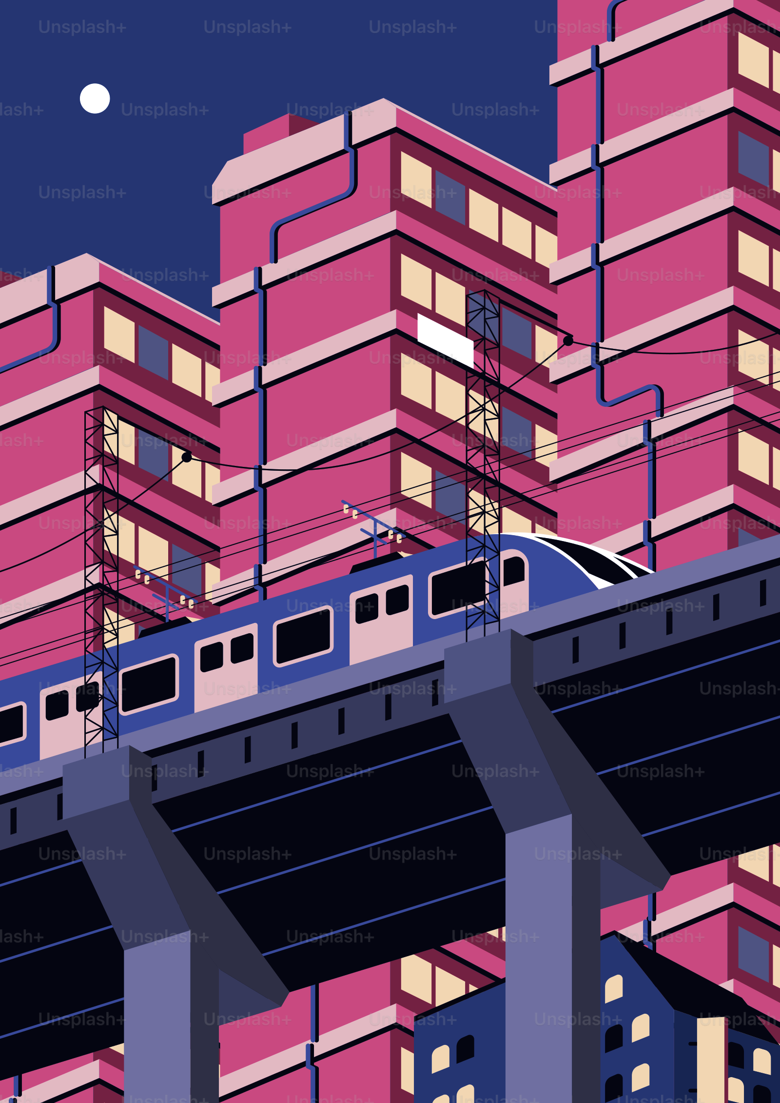 Modern train travels on elevated tracks past buildings