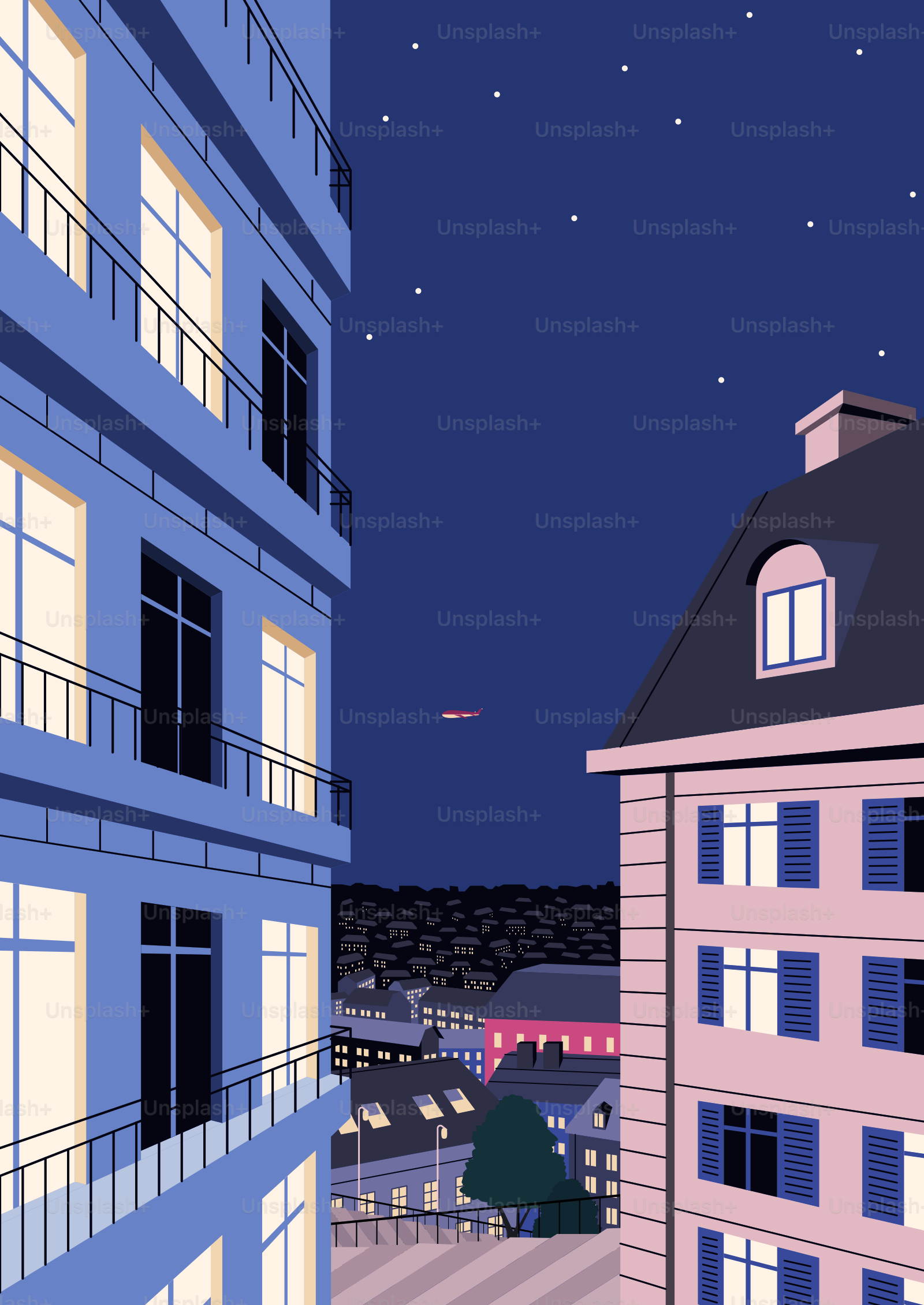 Buildings at night with starry sky and distant city lights.