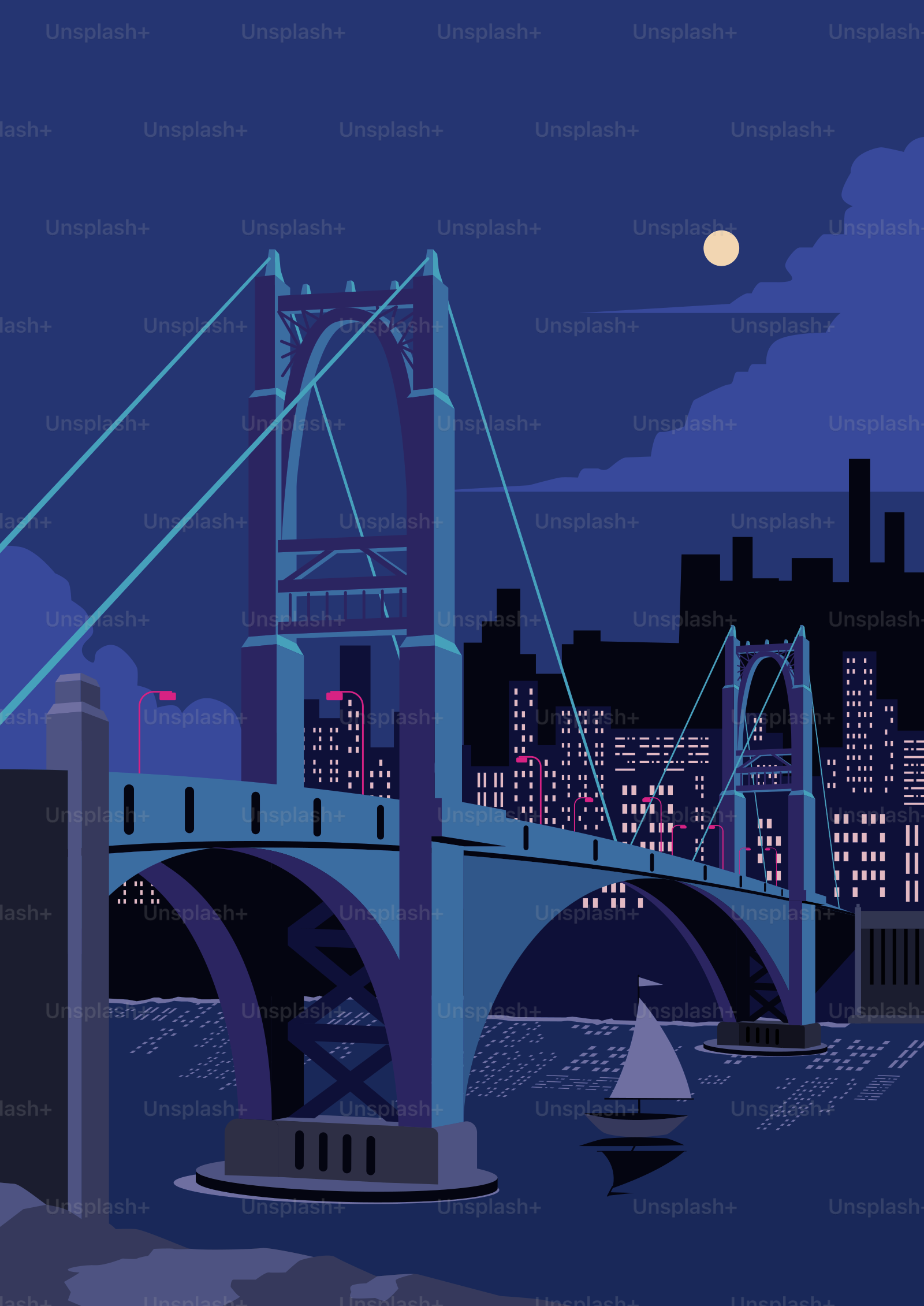 Suspension bridge at night with city skyline and moon.