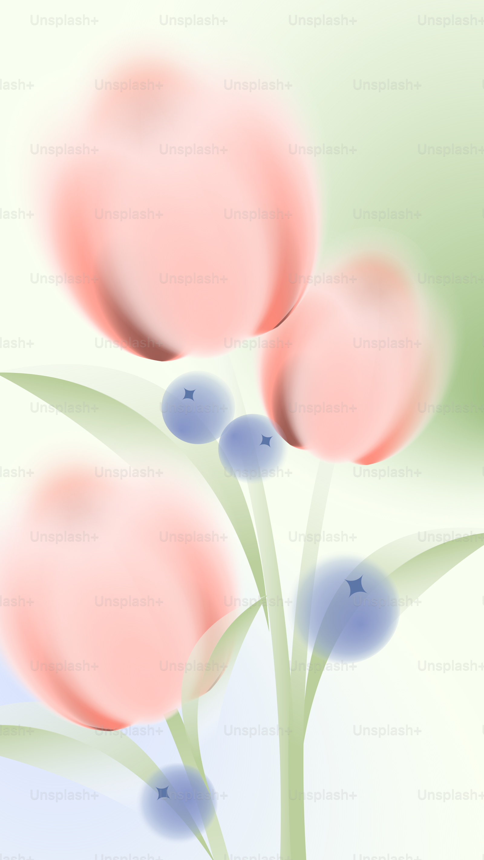 Soft pink tulips with blue berries and green leaves
