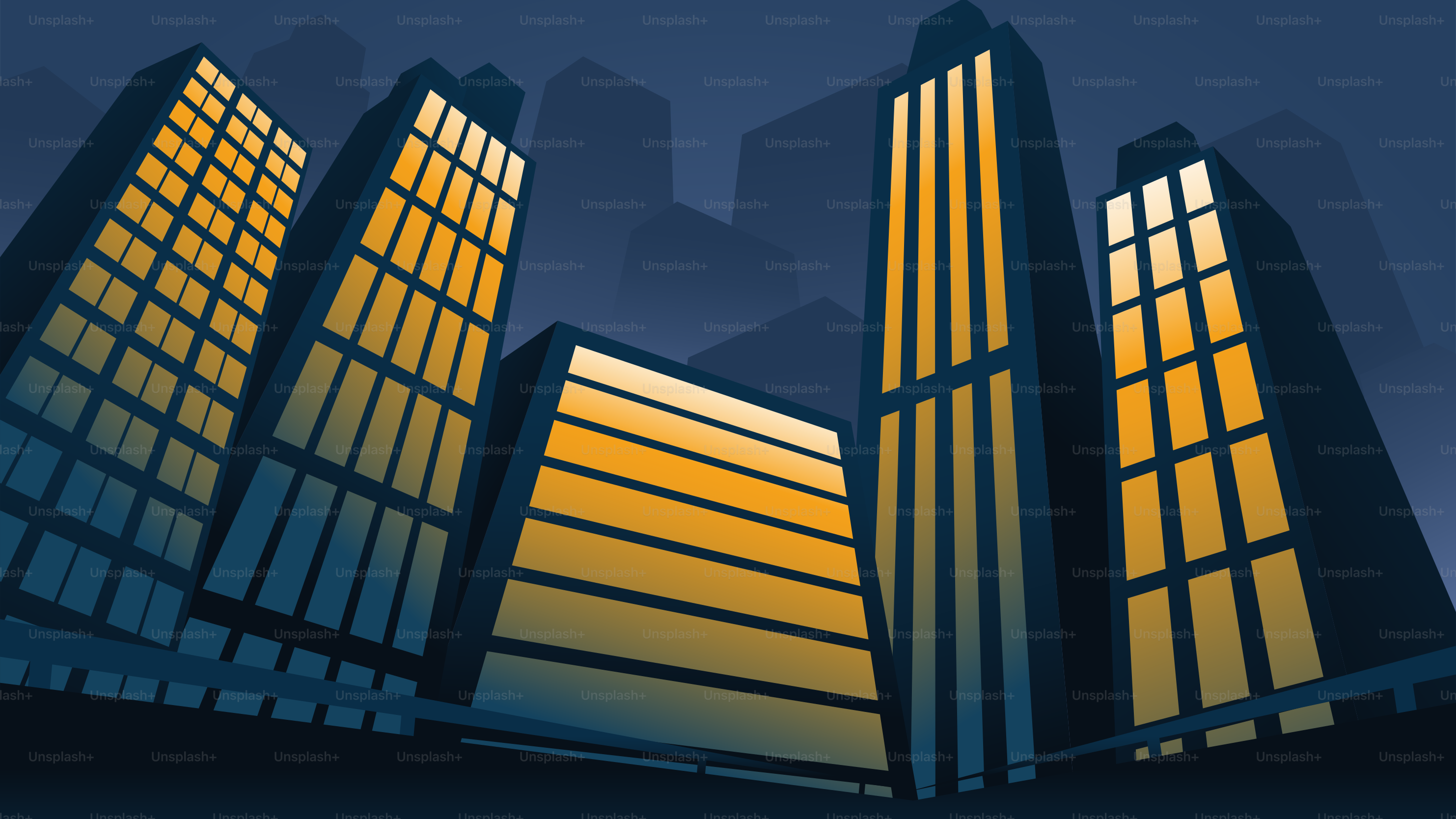 Stylized city skyline with illuminated buildings at dusk
