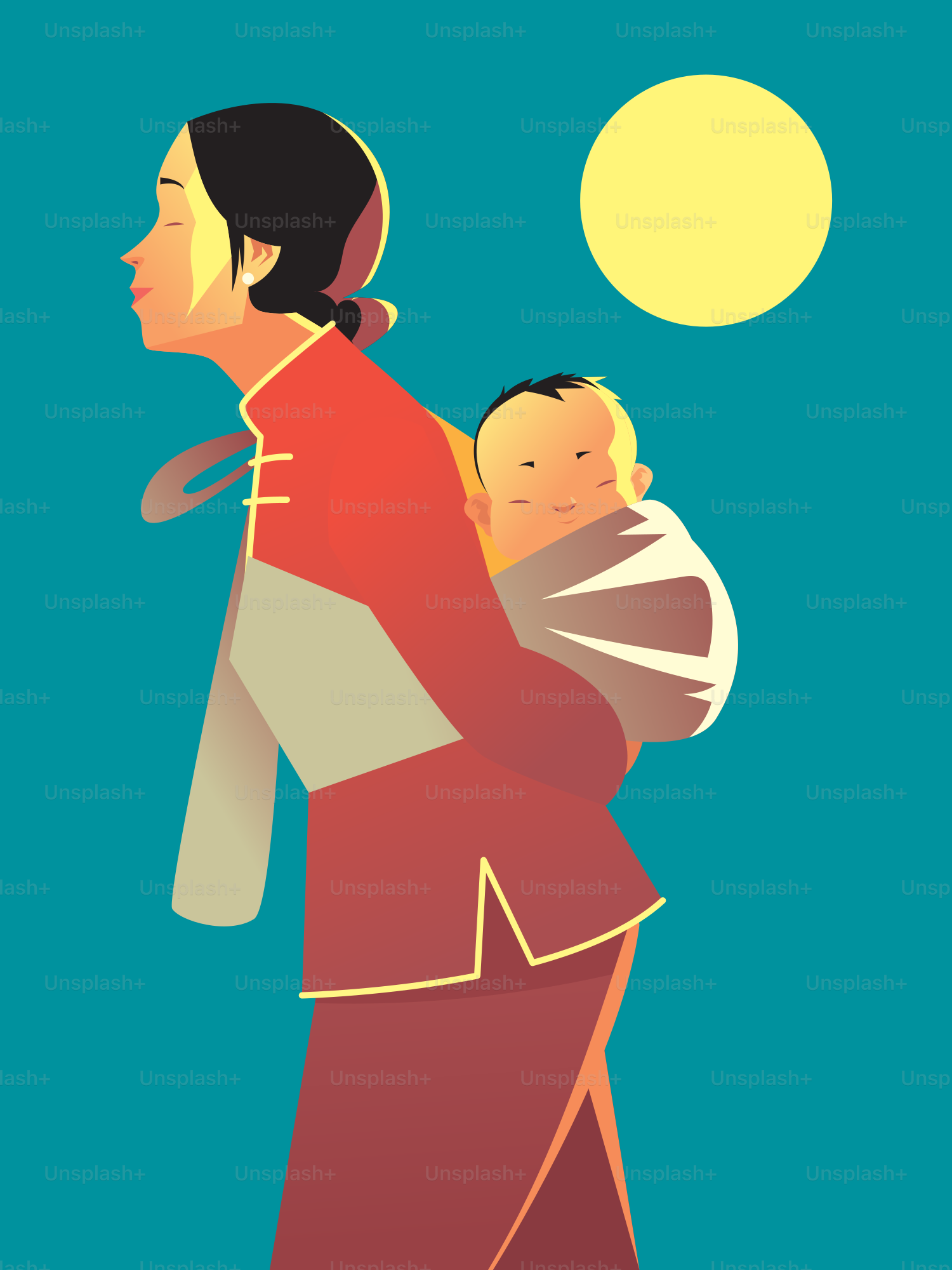 Mother carrying baby on her back under the sun