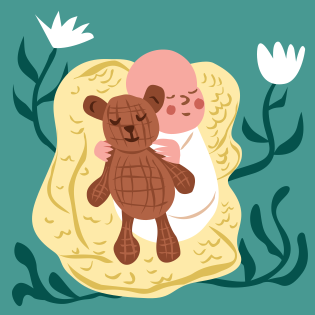 A baby sleeps soundly with a teddy bear.