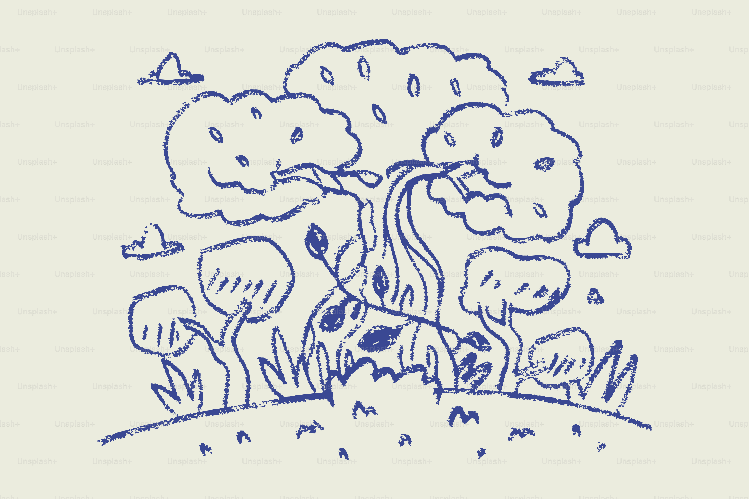 Eine verspielte Kritzelei von Bäumen und Wolken.