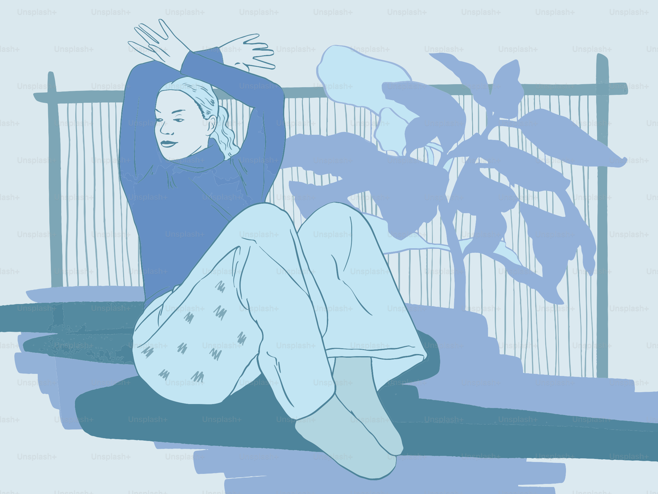 Woman sitting with arms crossed near plant