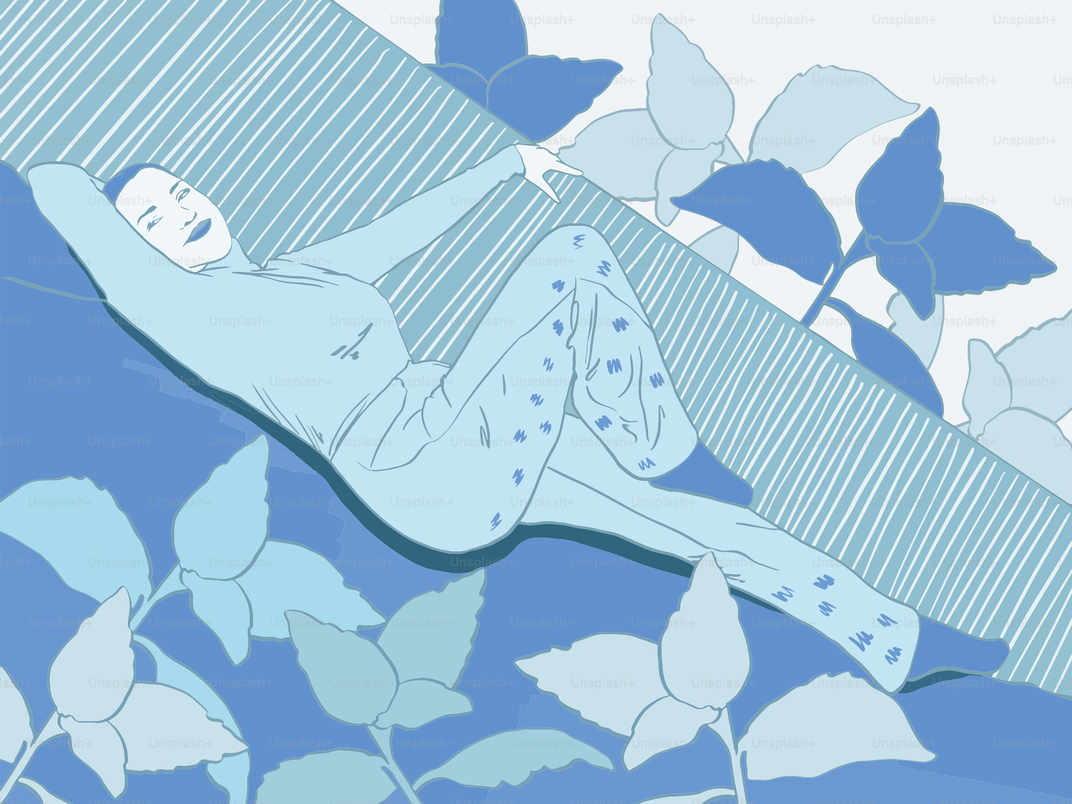 Woman relaxing among blue leaves and abstract shapes