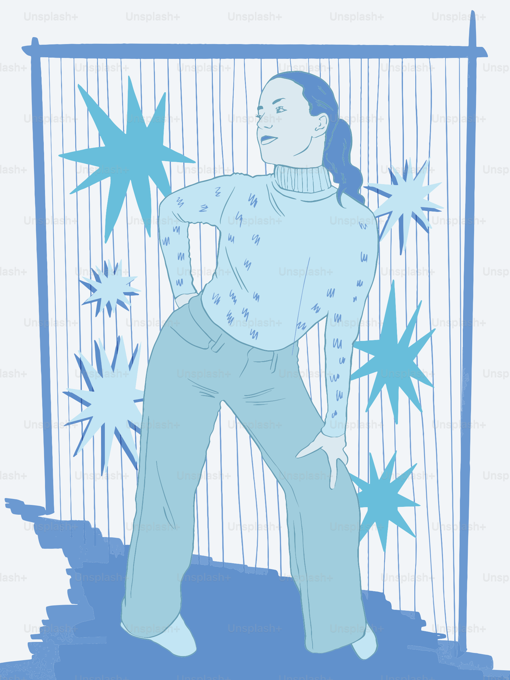 Woman in a patterned sweater and jeans poses.