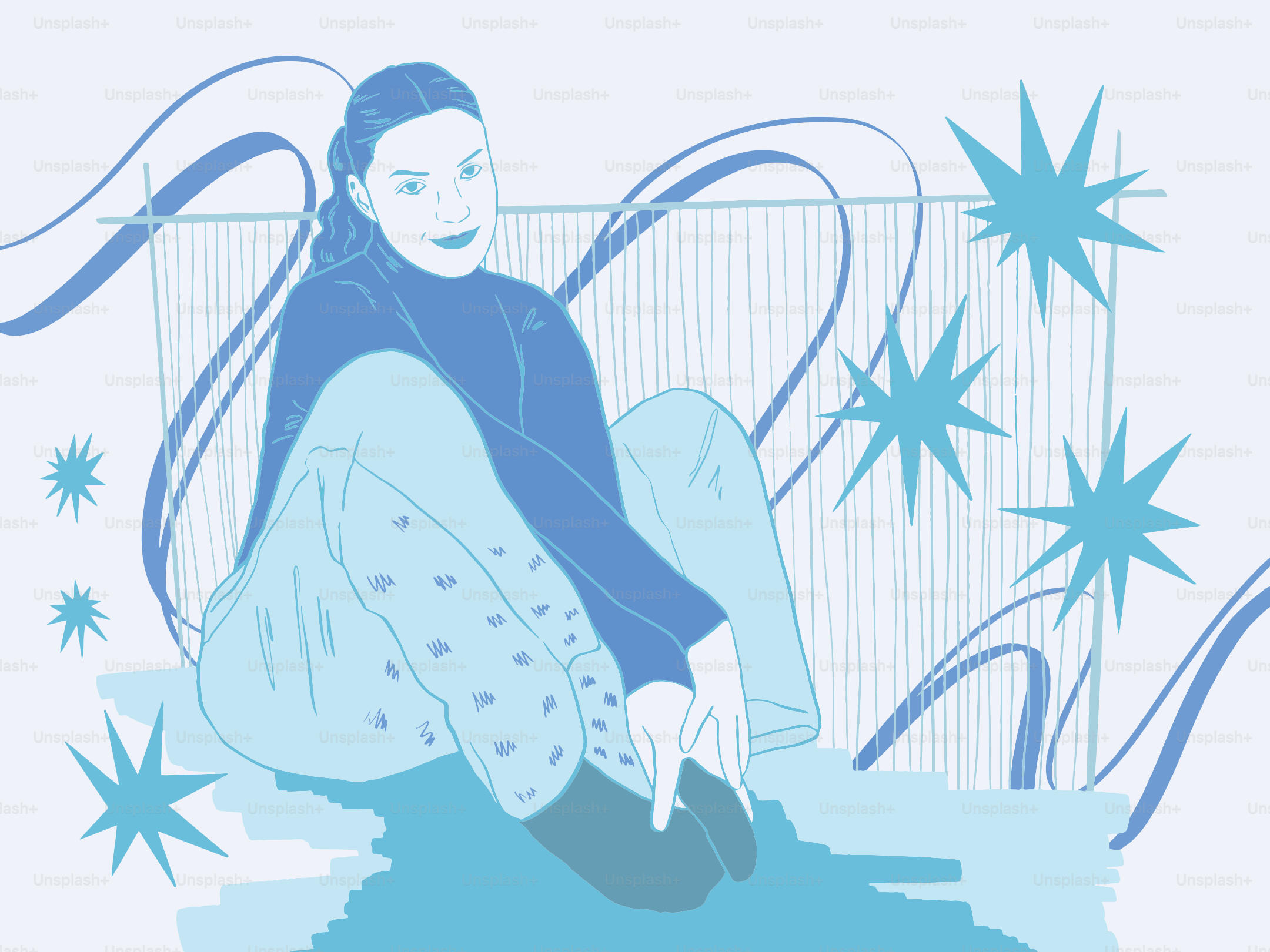 Woman sitting with patterned pants and blue top.