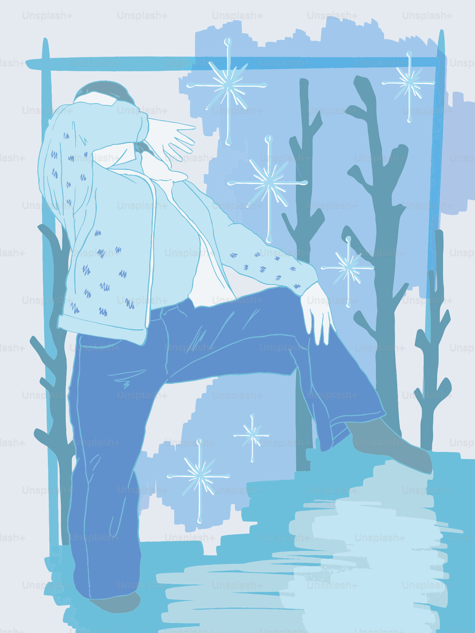 Stylized figure in blue against a wintery background