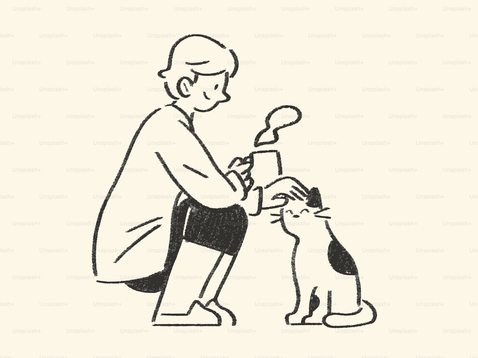 Person petting a cat while holding a cup