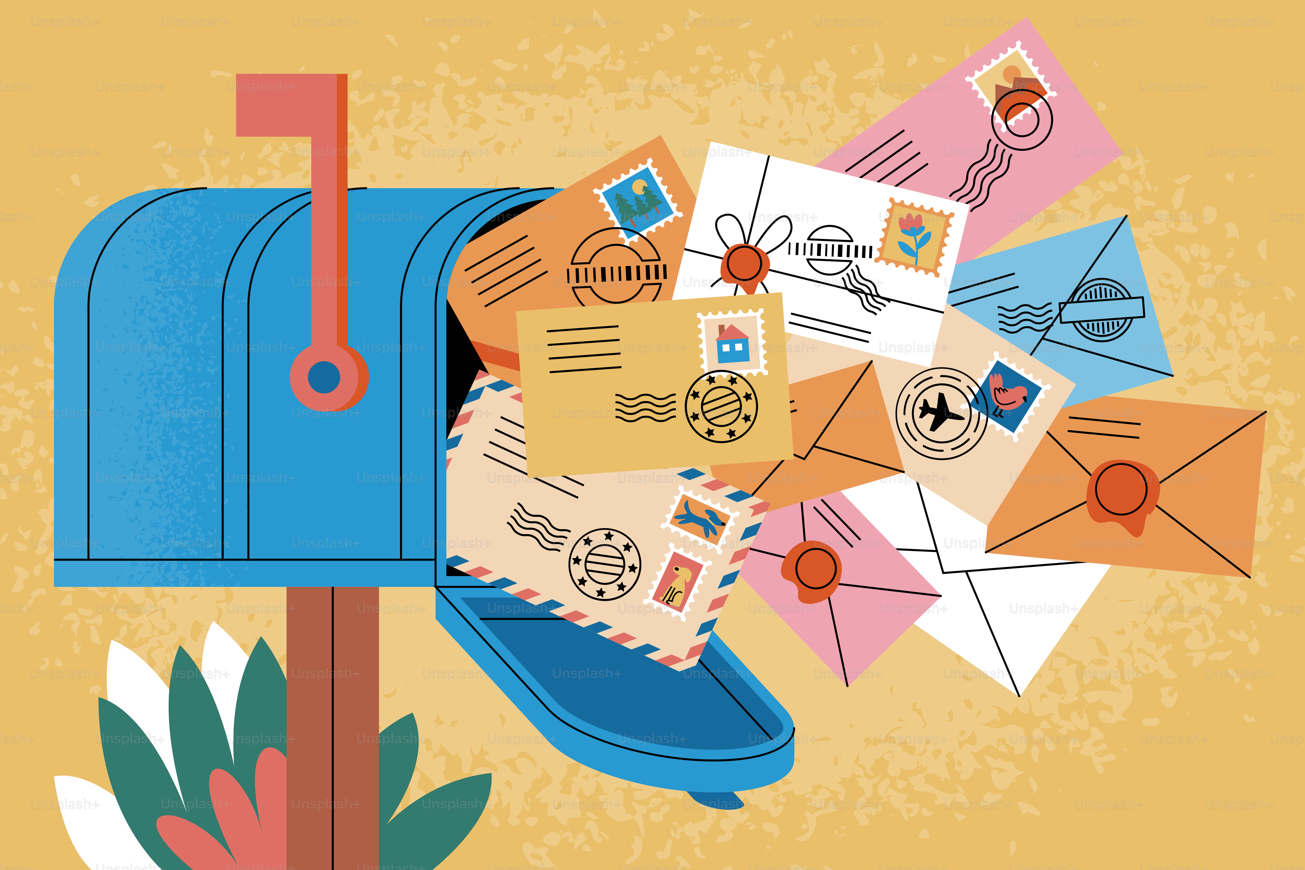 A blue mailbox overflowing with colorful envelopes and letters.