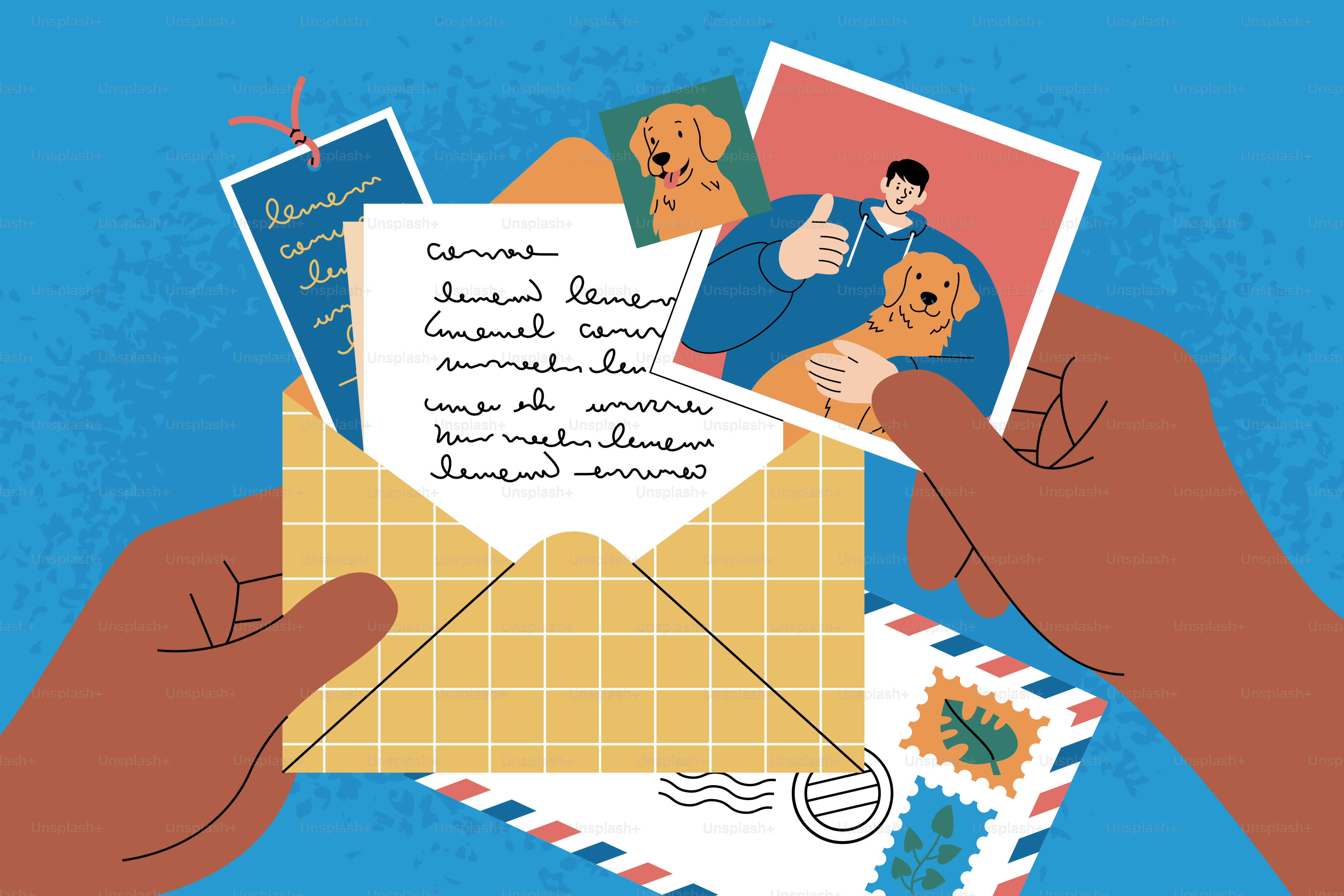 Hands holding an open envelope with photos and letters.