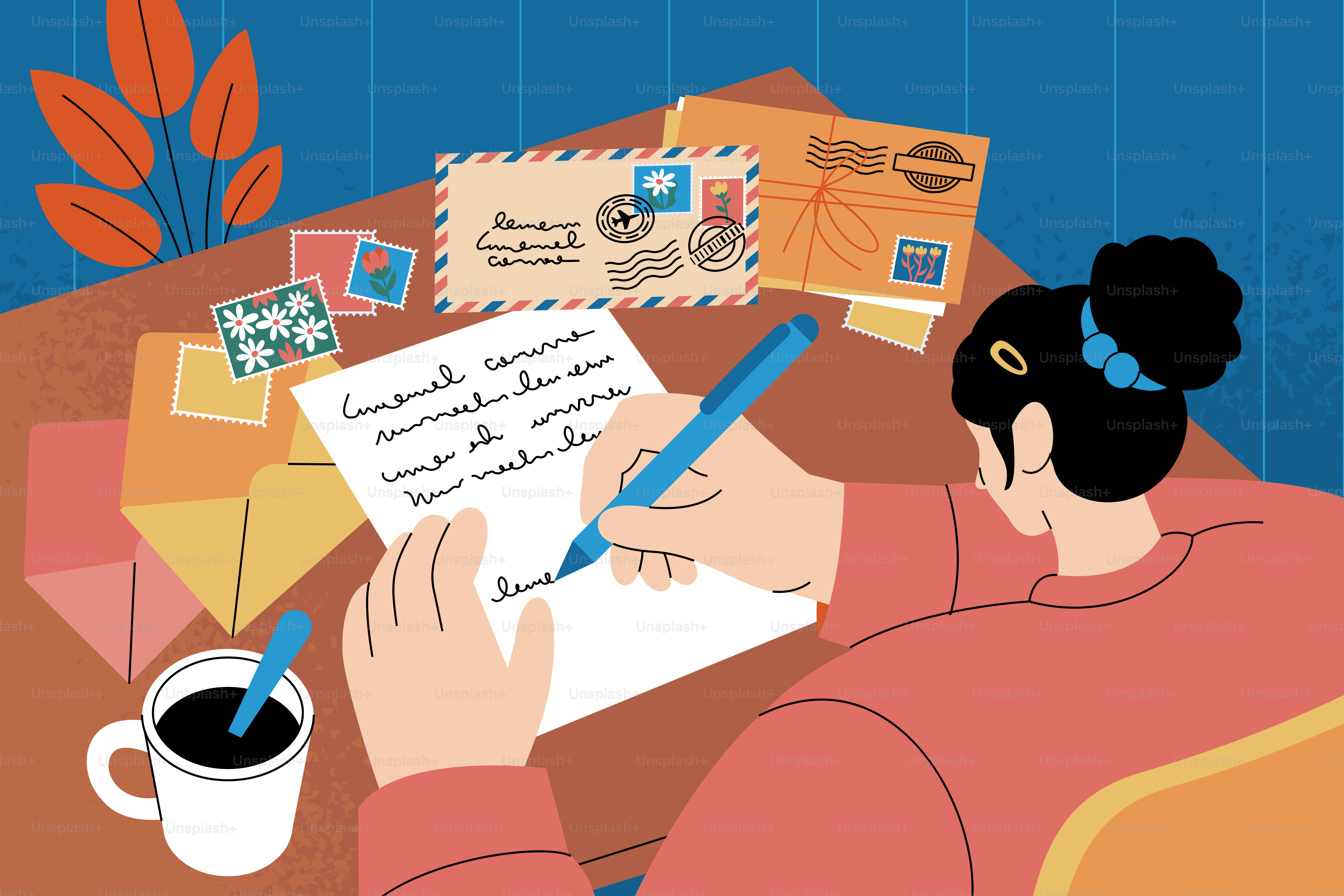 Person writing a letter at a desk with coffee