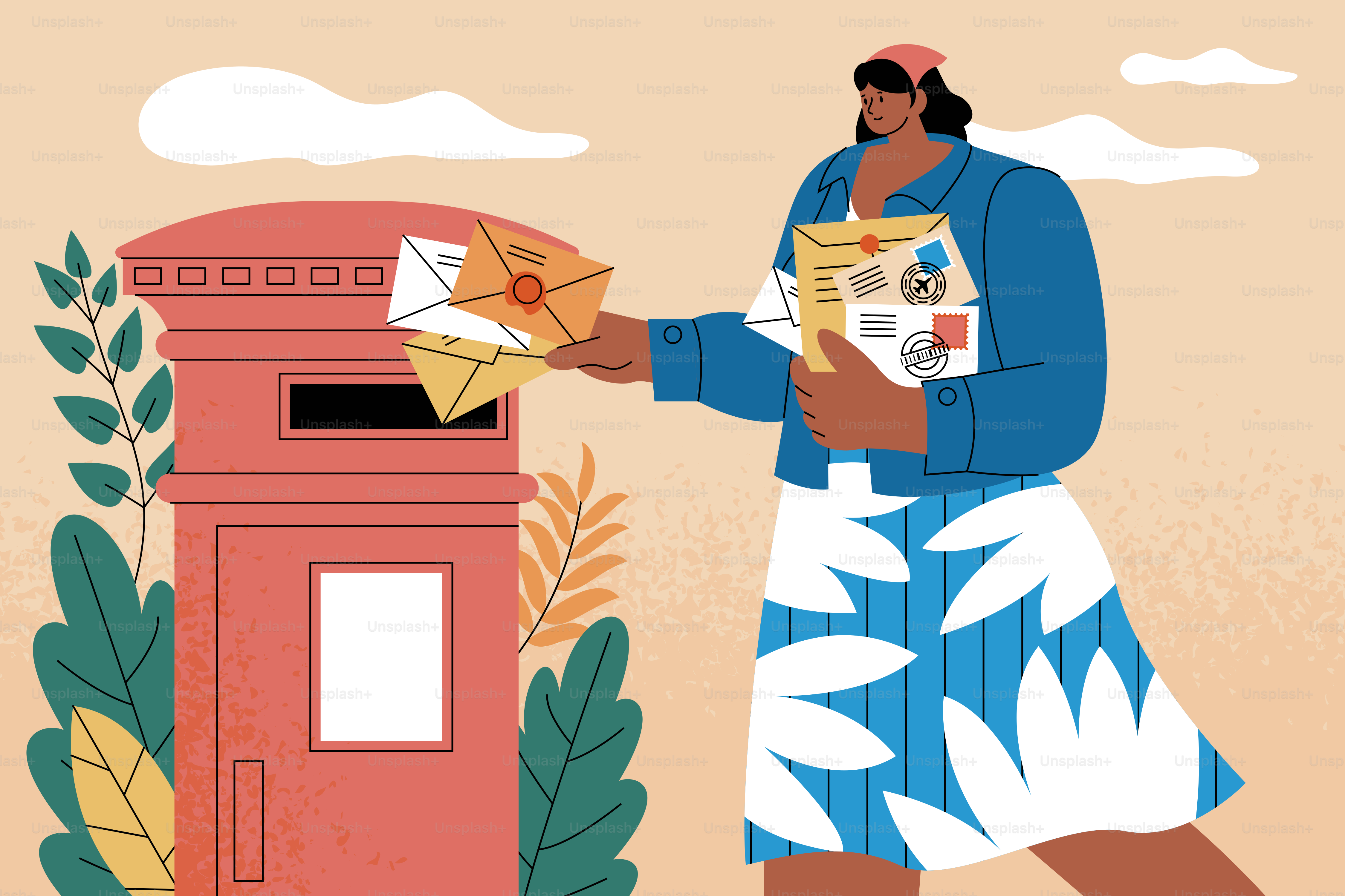 Woman posting letters into a red mailbox outdoors.