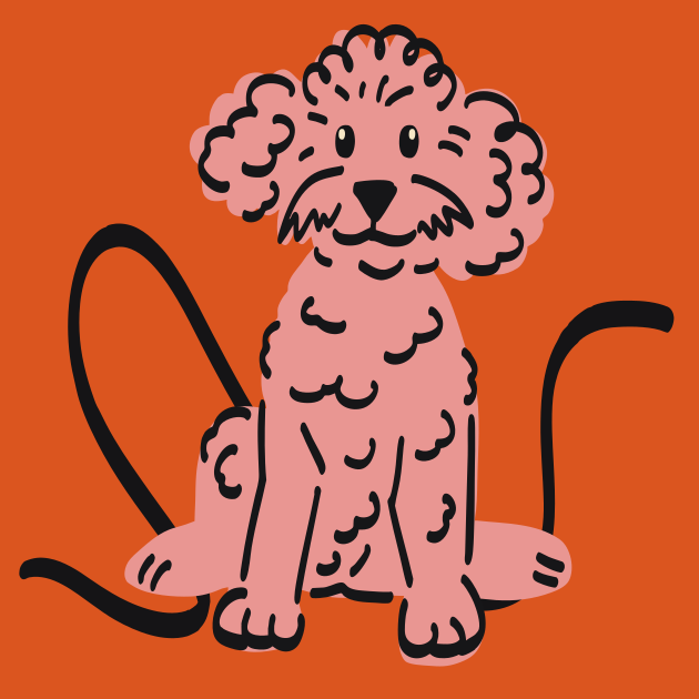 A pink poodle sits on an orange background.
