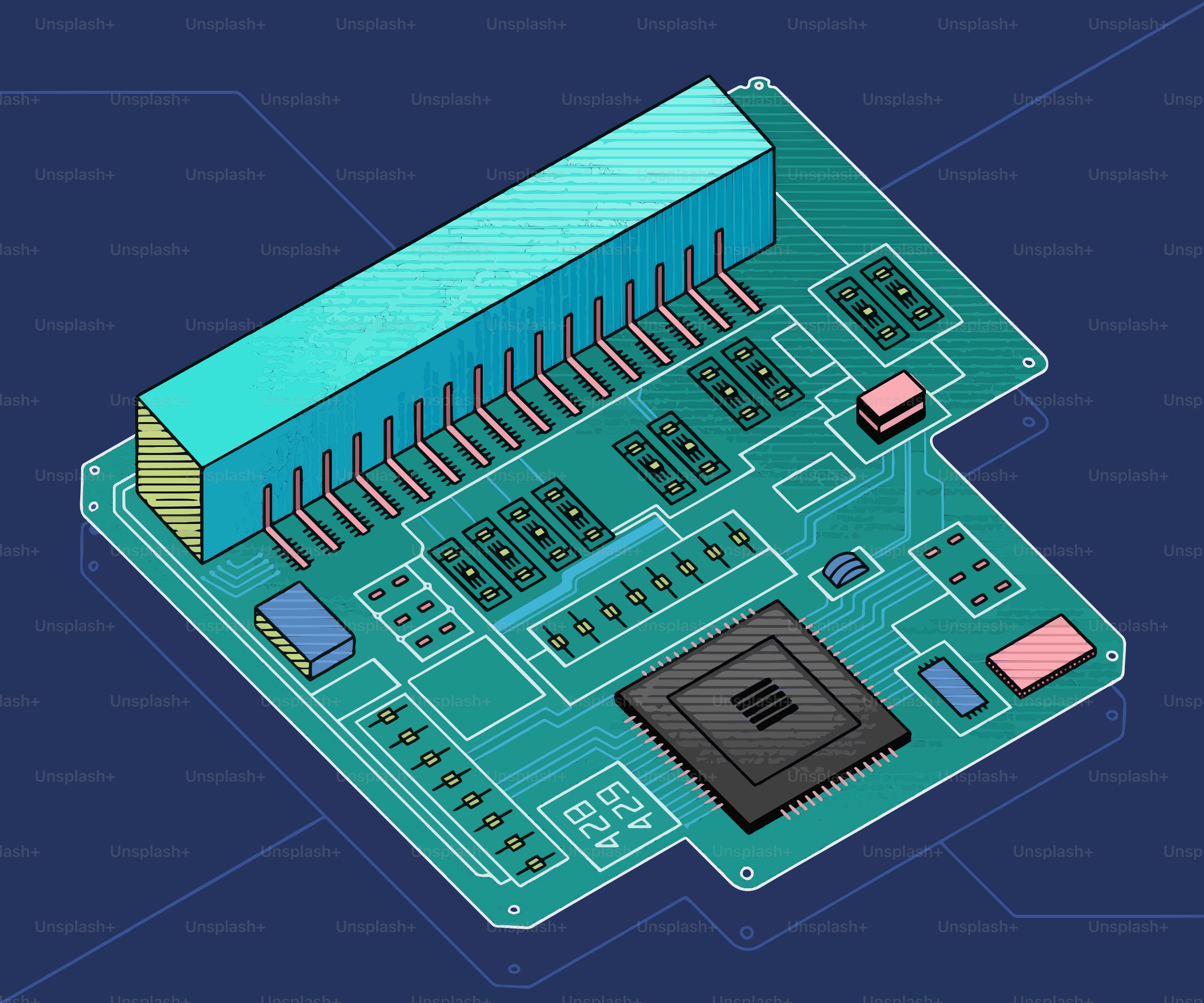 Placa de circuito com microchip e conectores sobre fundo escuro