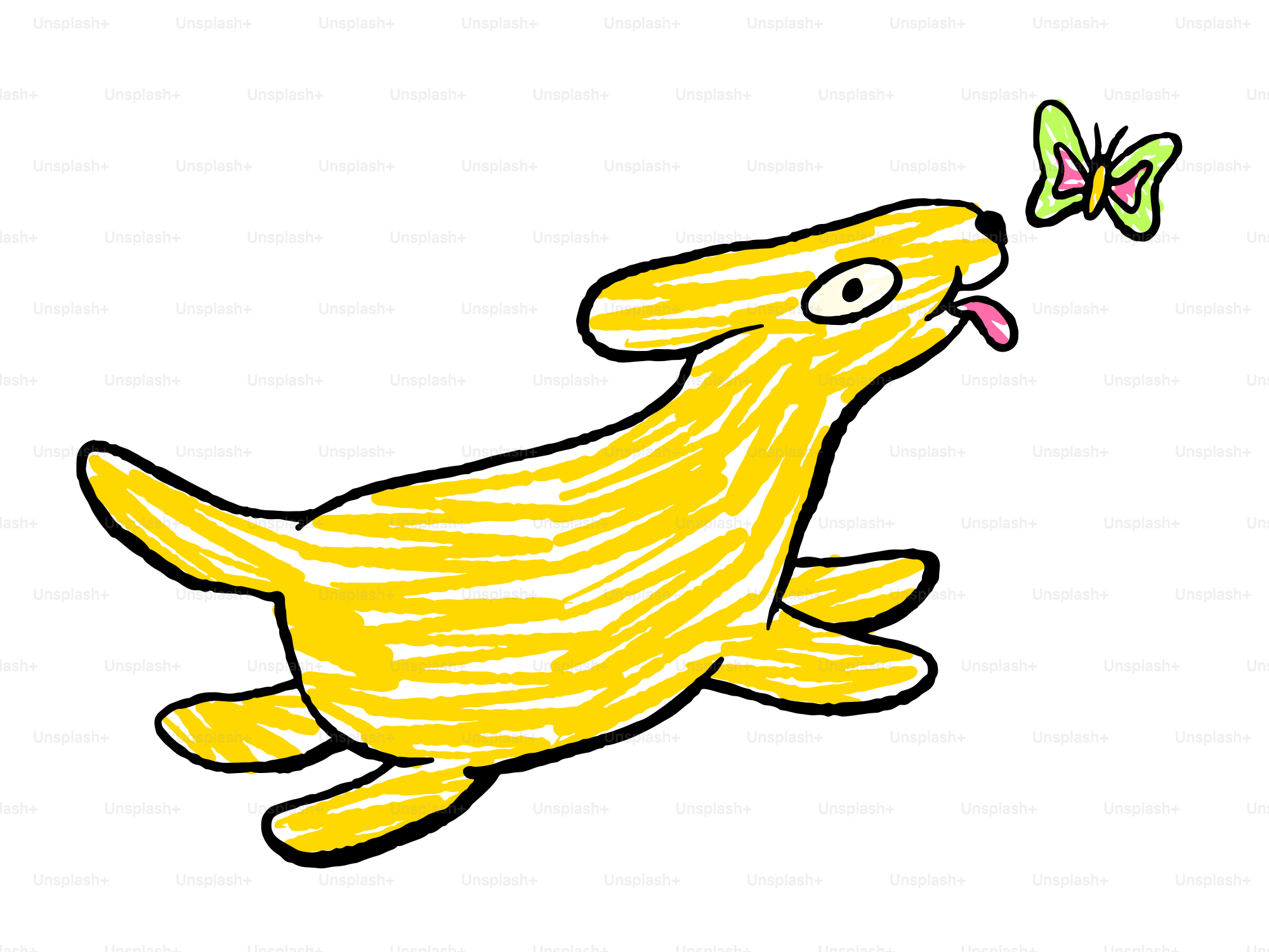 A yellow dog chases a butterfly