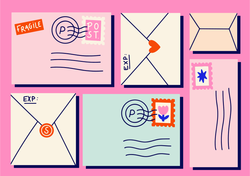 Various envelopes with stamps and markings on pink background