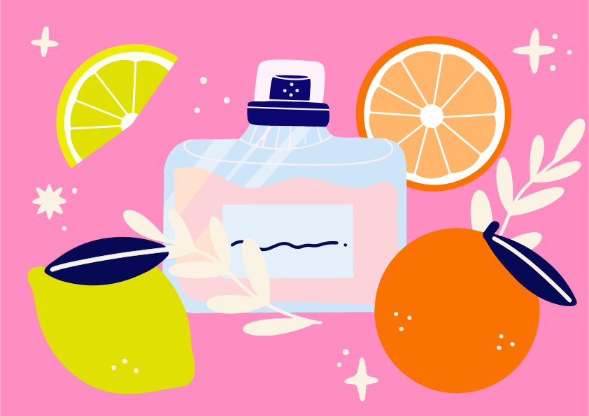 Perfume bottle with citrus fruits and leaves on pink background