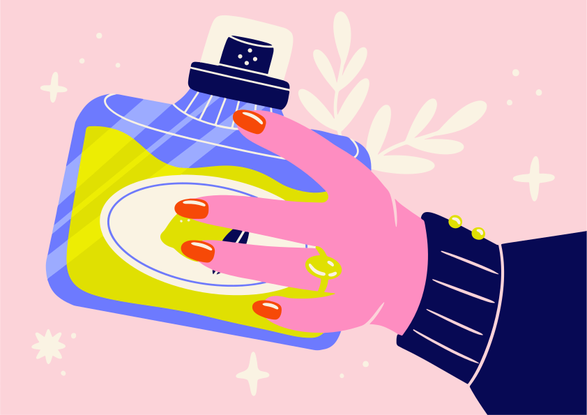 Hand holding a perfume bottle with yellow liquid.