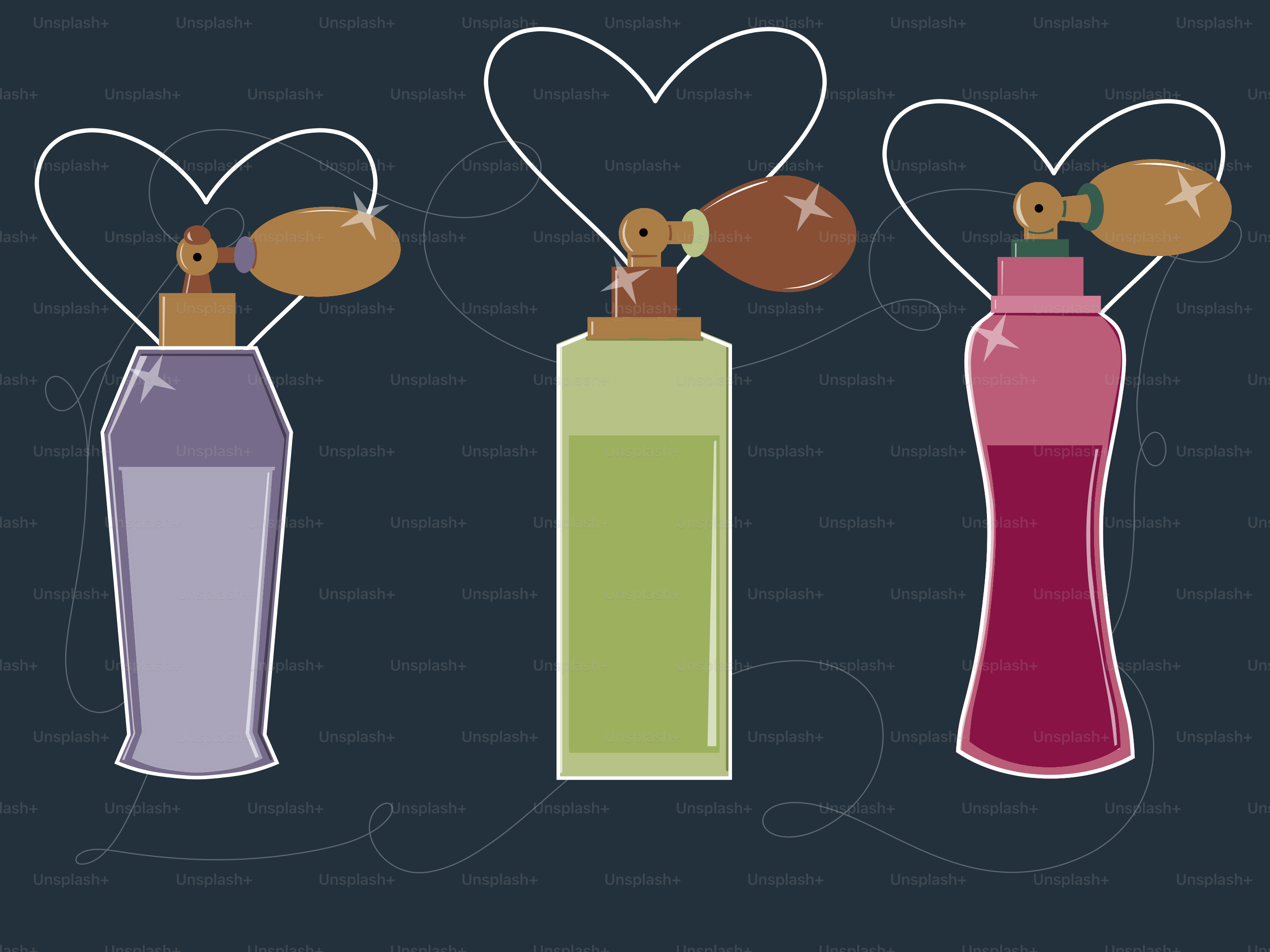 Three perfume bottles with heart shapes above