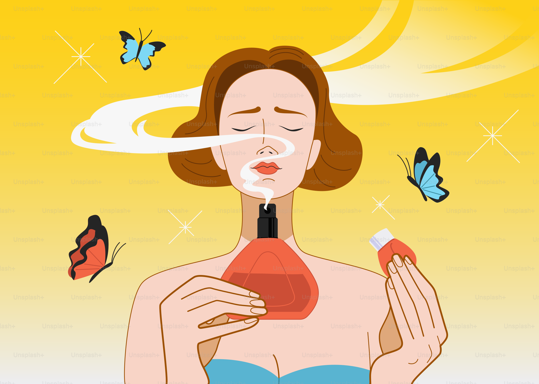 Woman spraying perfume with butterflies around