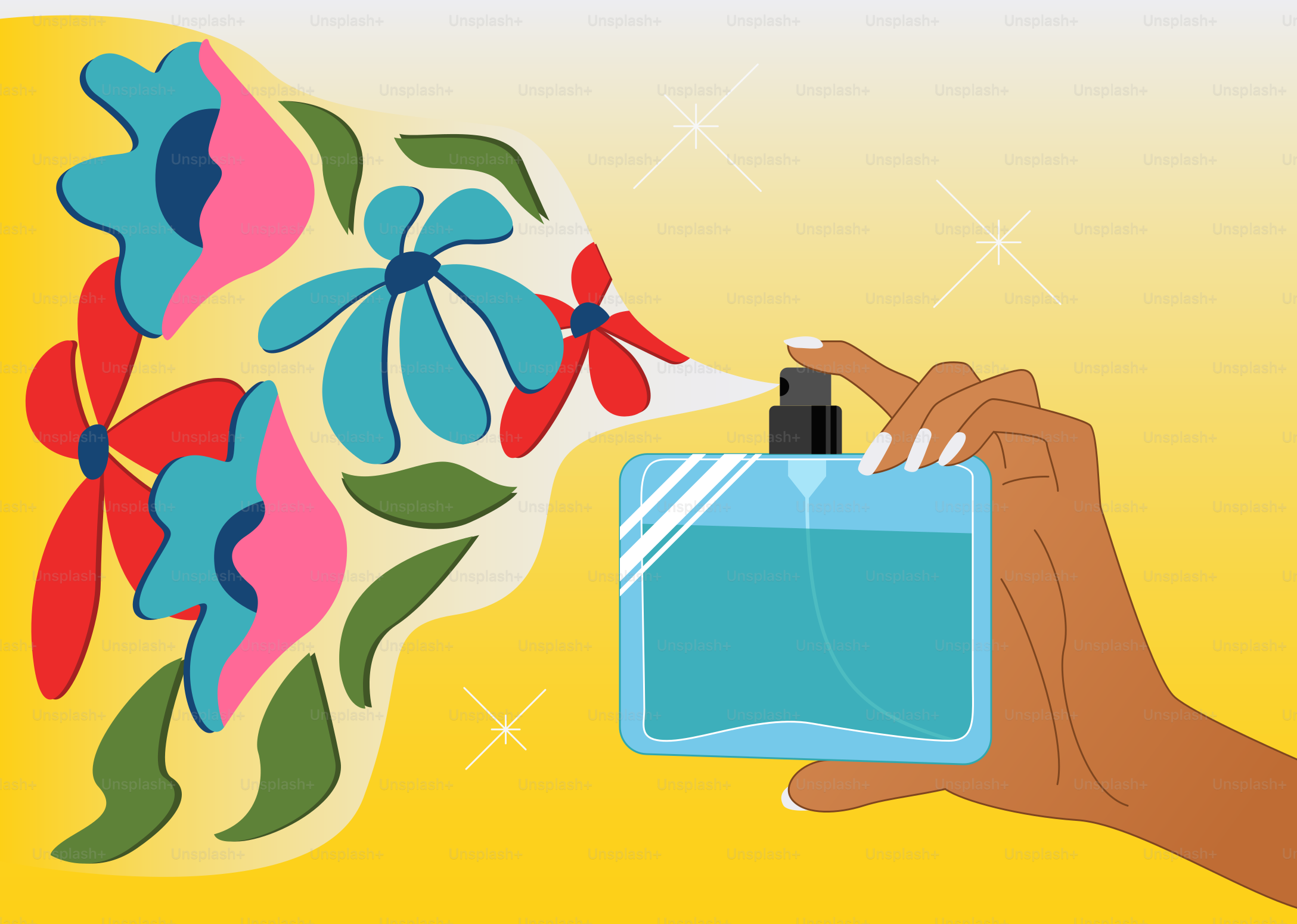 Hand spraying perfume with flowers emerging