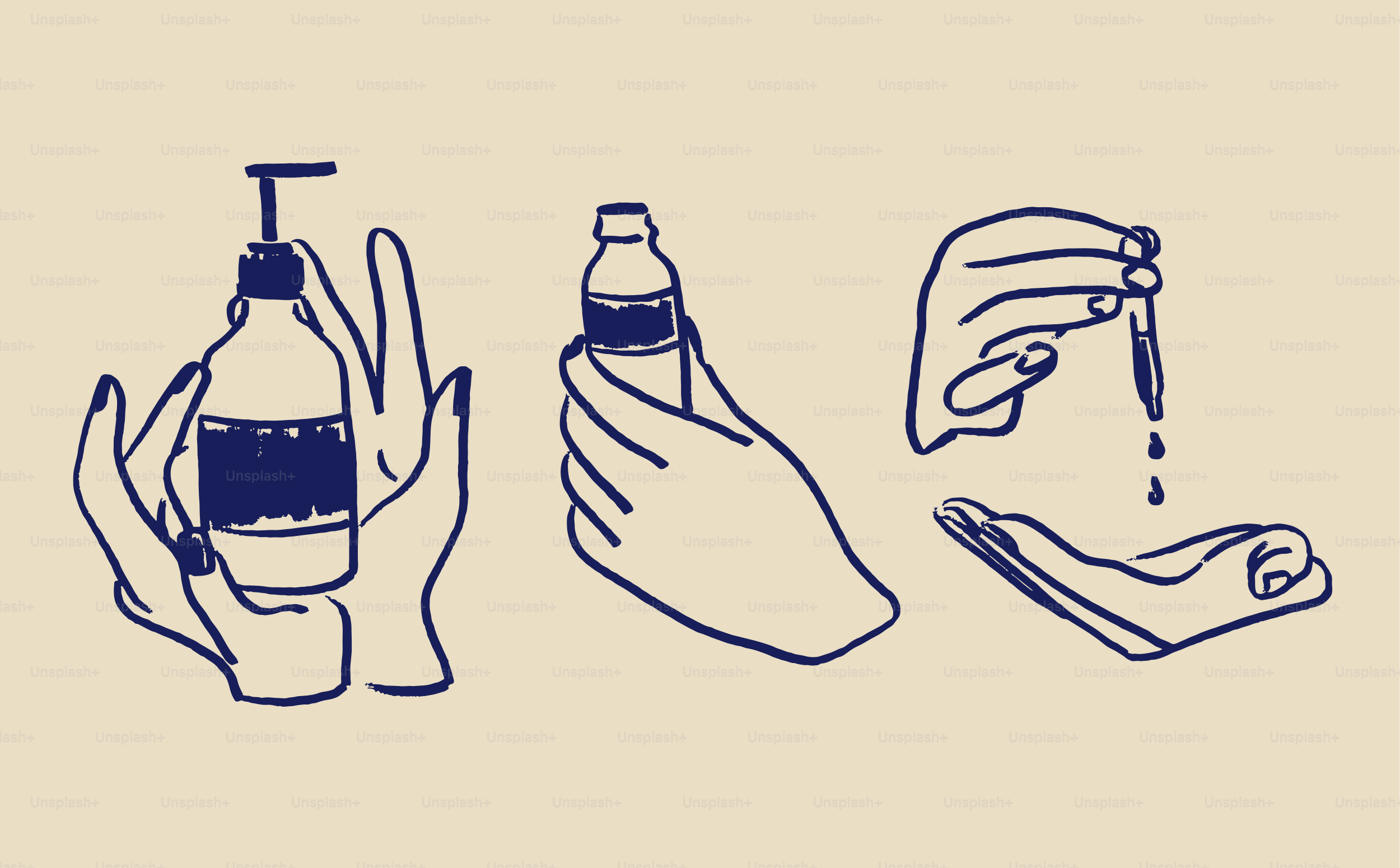 Hands holding skincare bottles and applying serum.