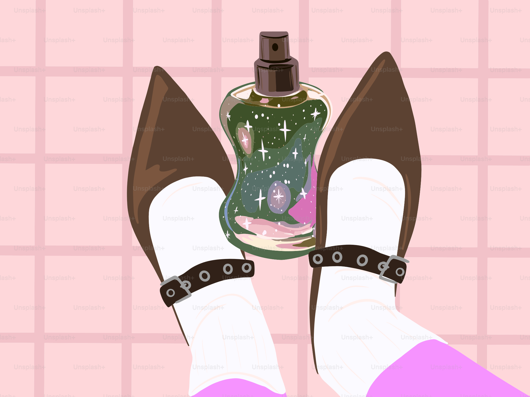 Una bottiglia di profumo con un design galassio tra i tacchi alti.