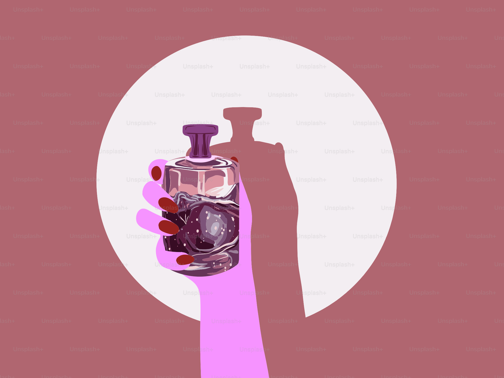 Hand holding a perfume bottle with a moon background