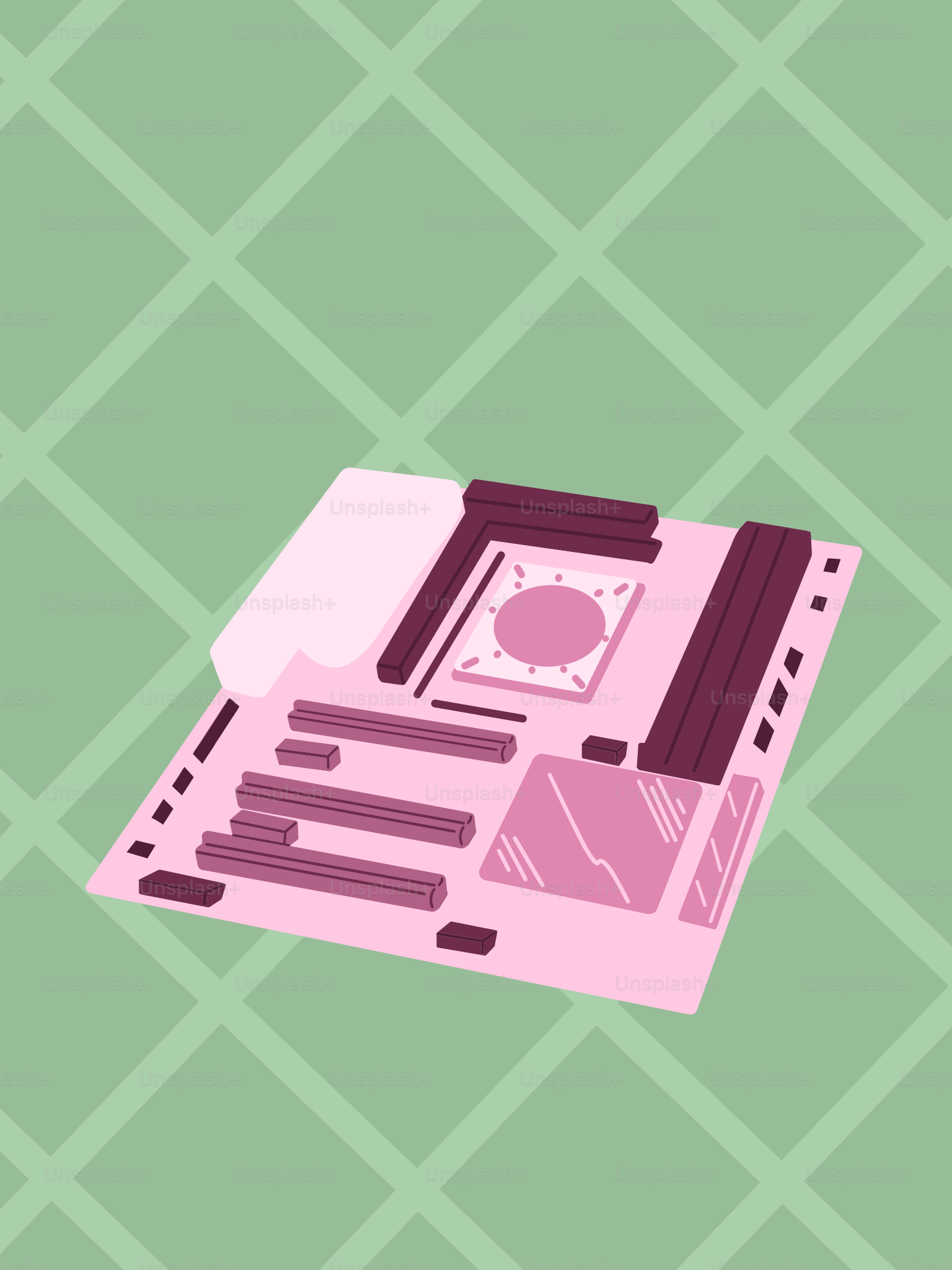 Pink motherboard with purple components on green background vector ...