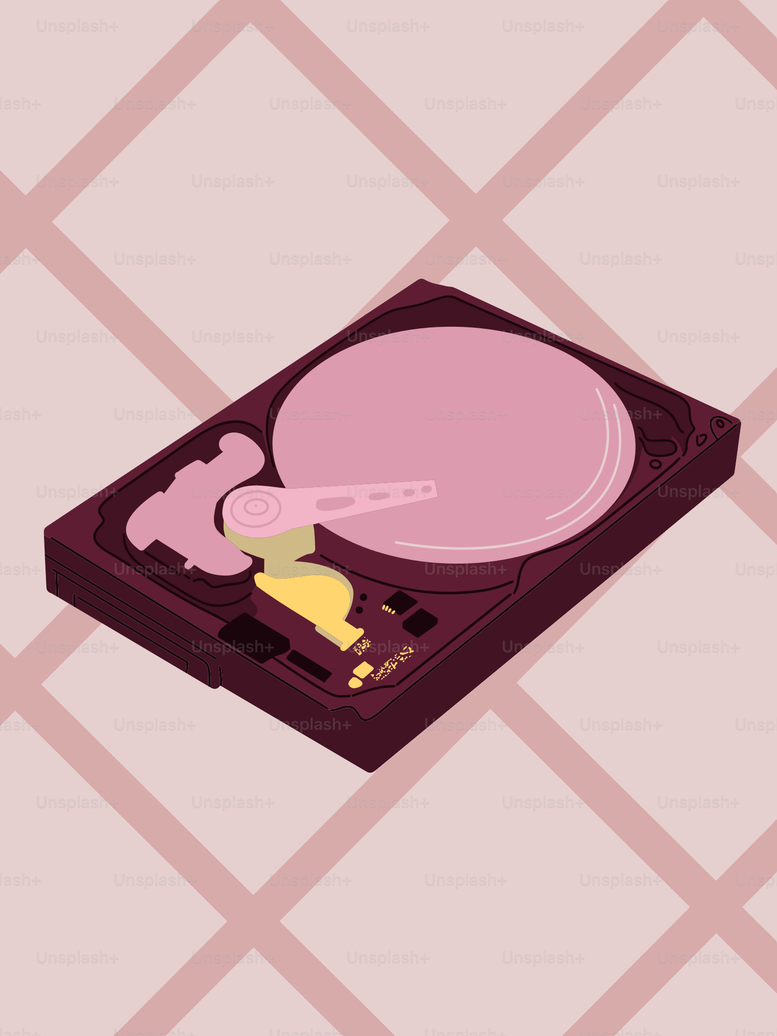 A pink hard drive on a pink grid background