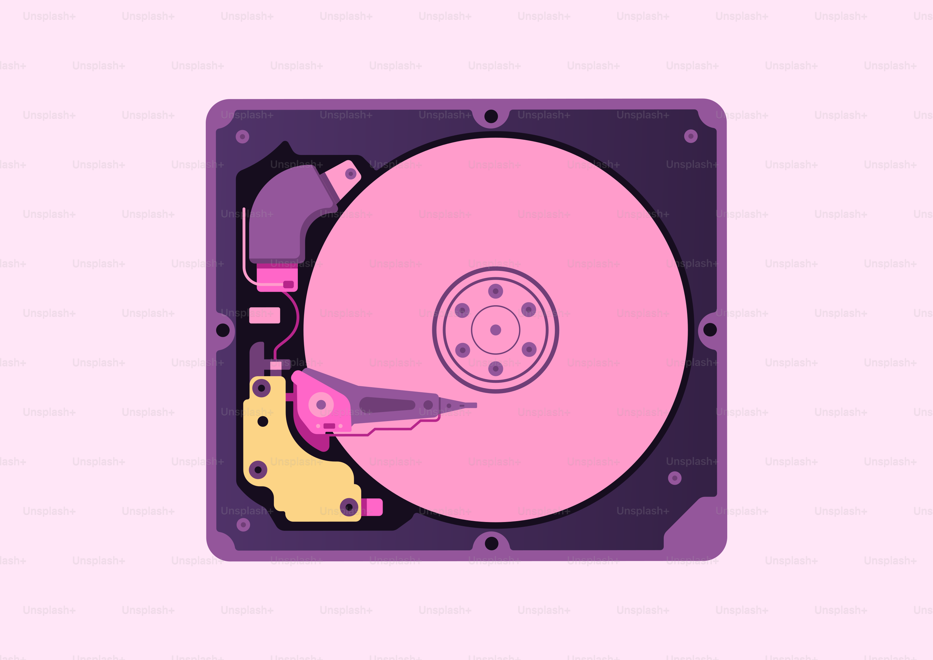 Close-up of an open hard drive with pink platter.