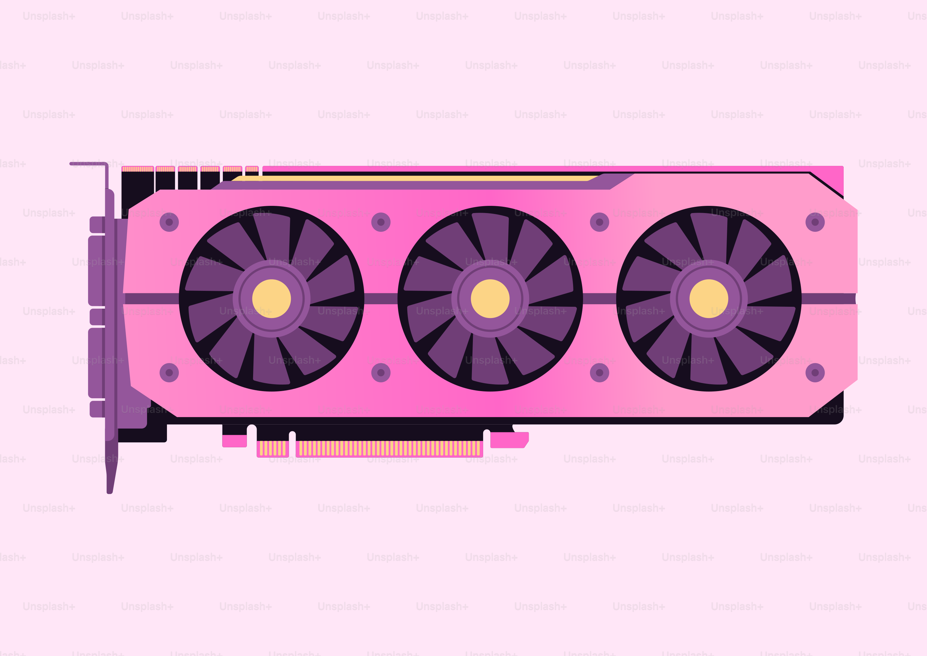 Pink graphics card with three fans on light background