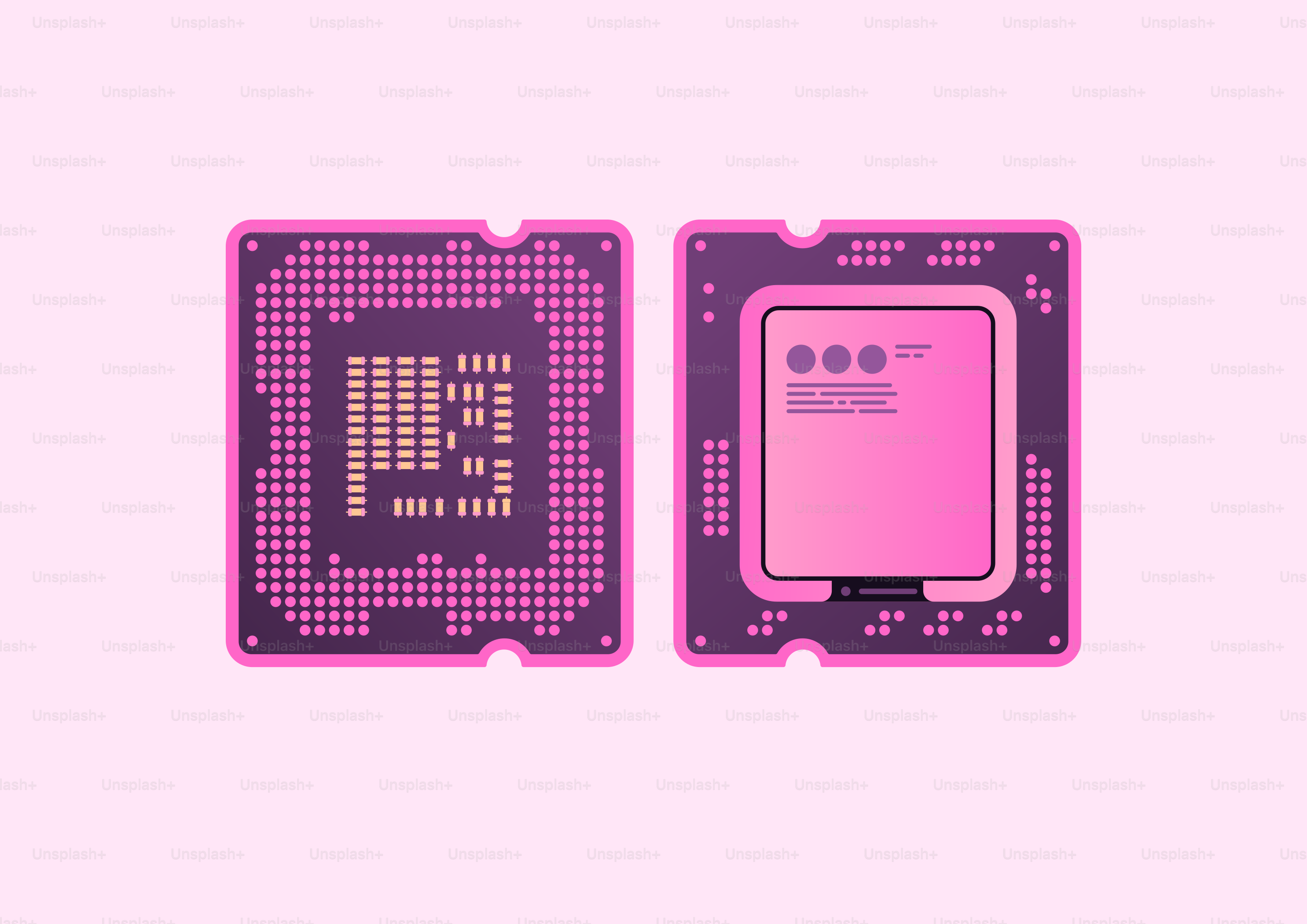 Dois processadores de computador sobre fundo rosa