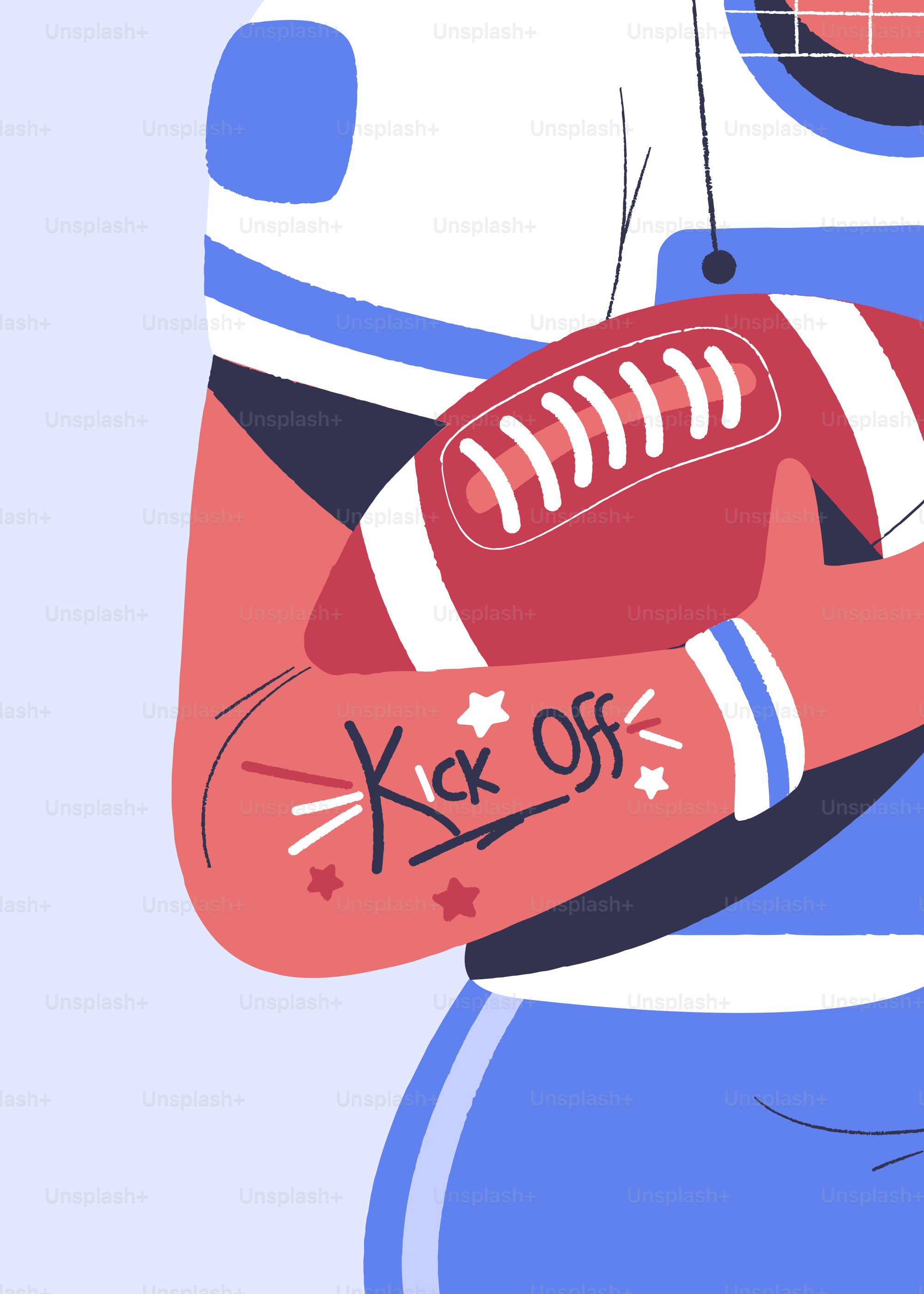 American football player holding a ball with 'kick off' tattoo.