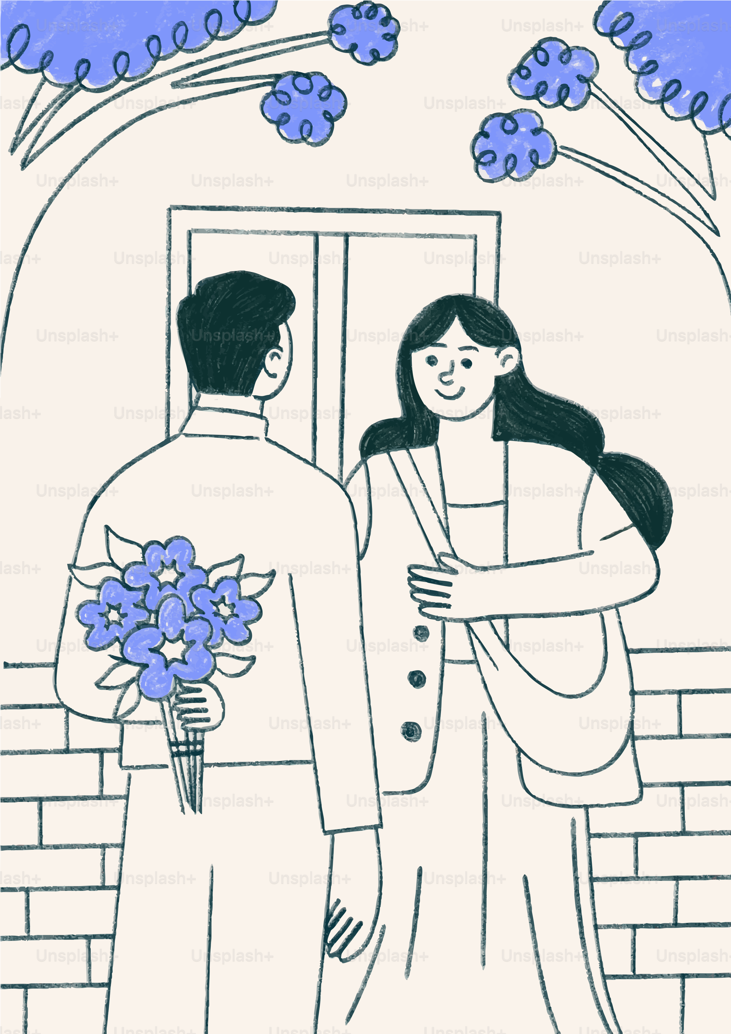 Homem esconde buquê de flores atrás das costas da mulher
