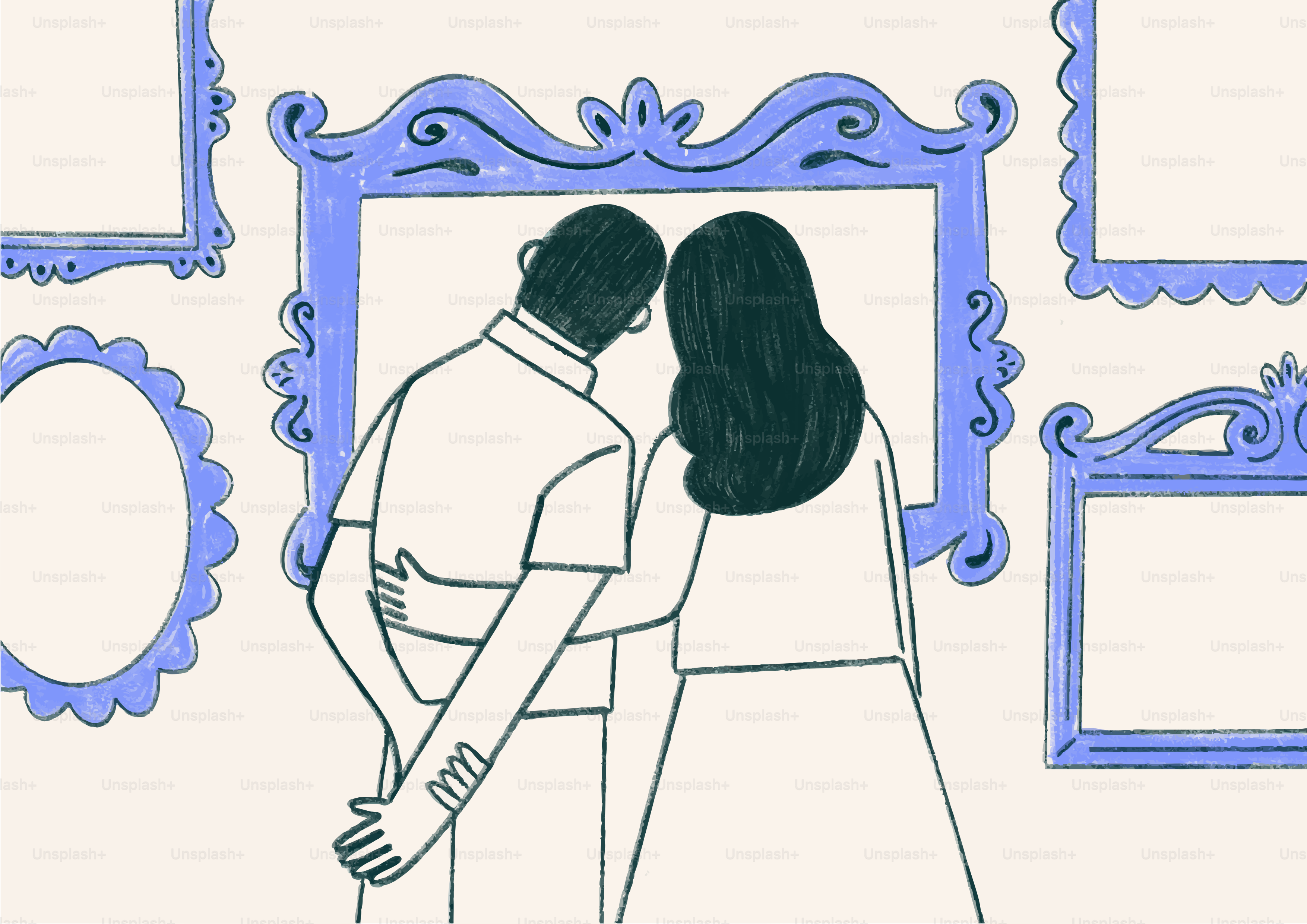 Couple looking at framed art on wall