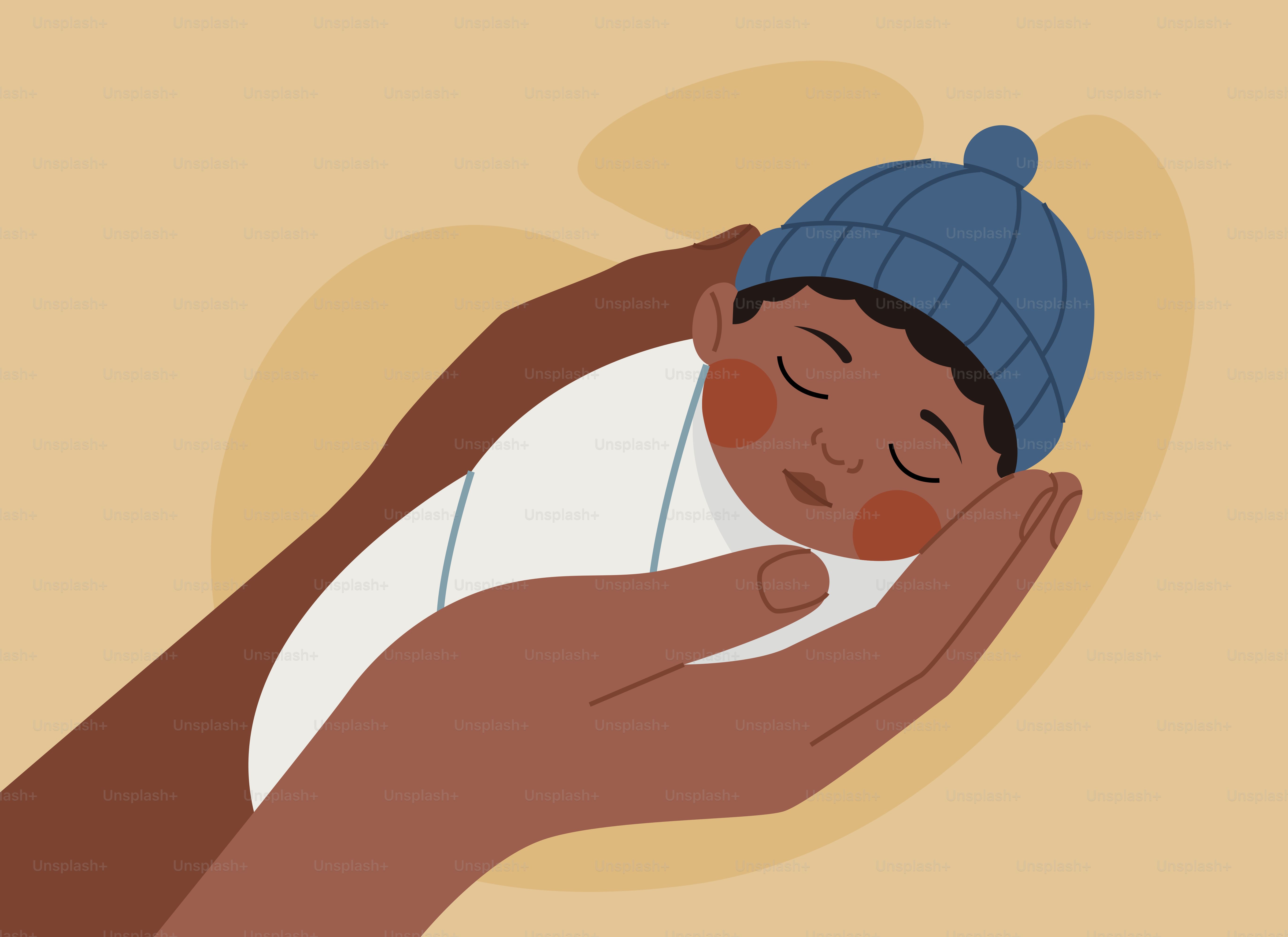 A sleeping baby in a blue hat held by hands.