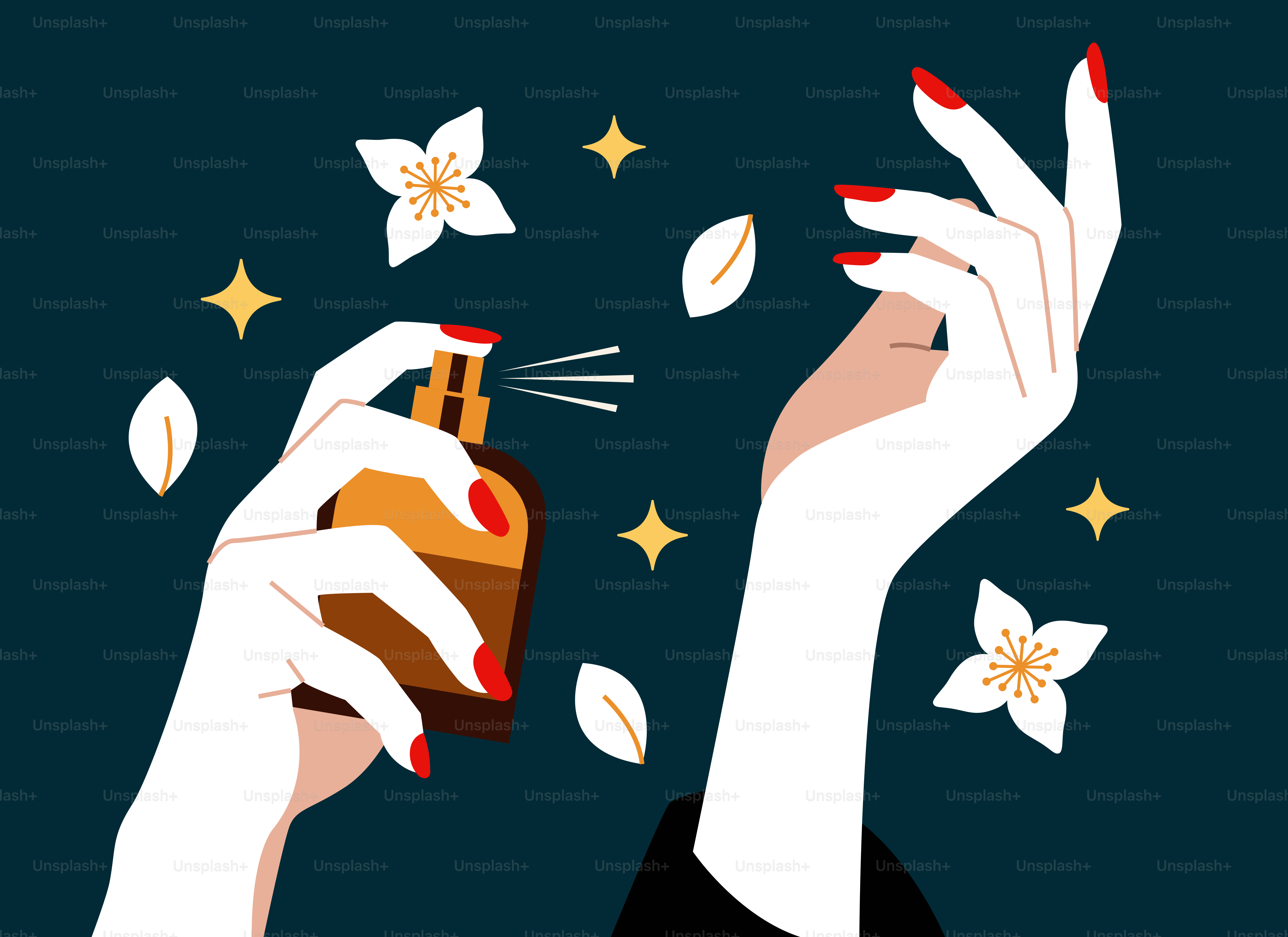 Hands spraying perfume with floral accents.