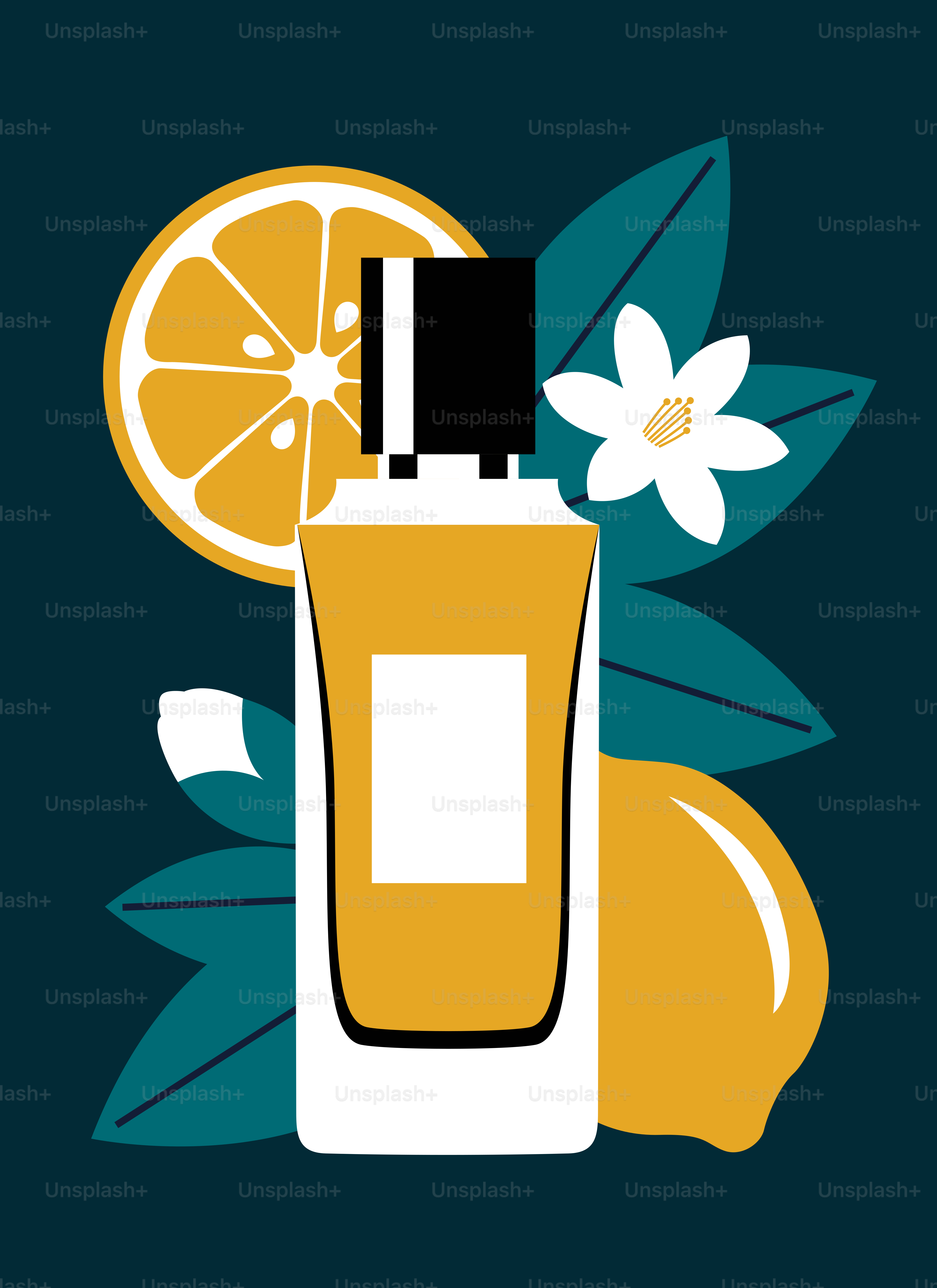 Perfume bottle with lemon and orange elements