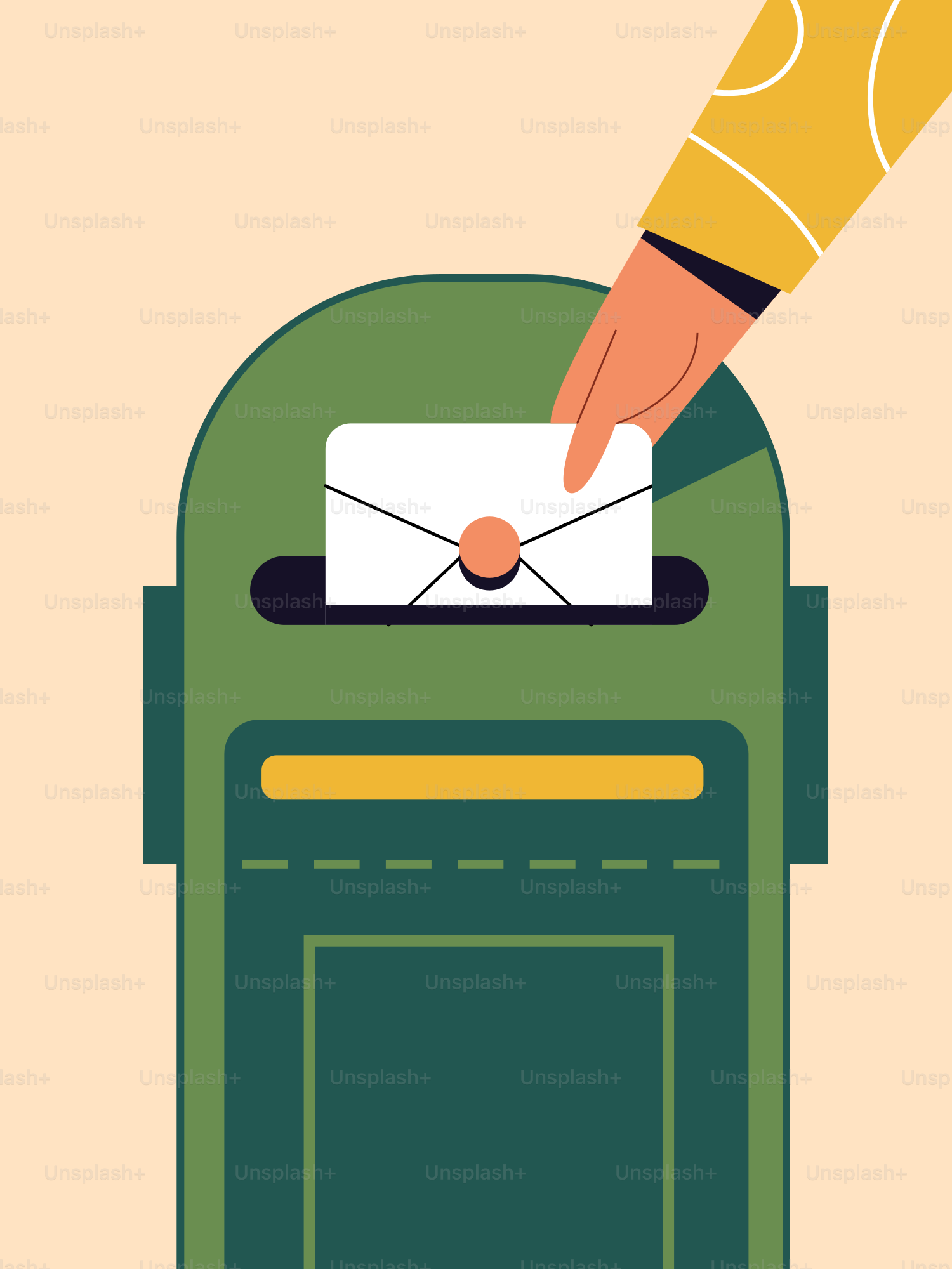 Hand dropping an envelope into a green mailbox.