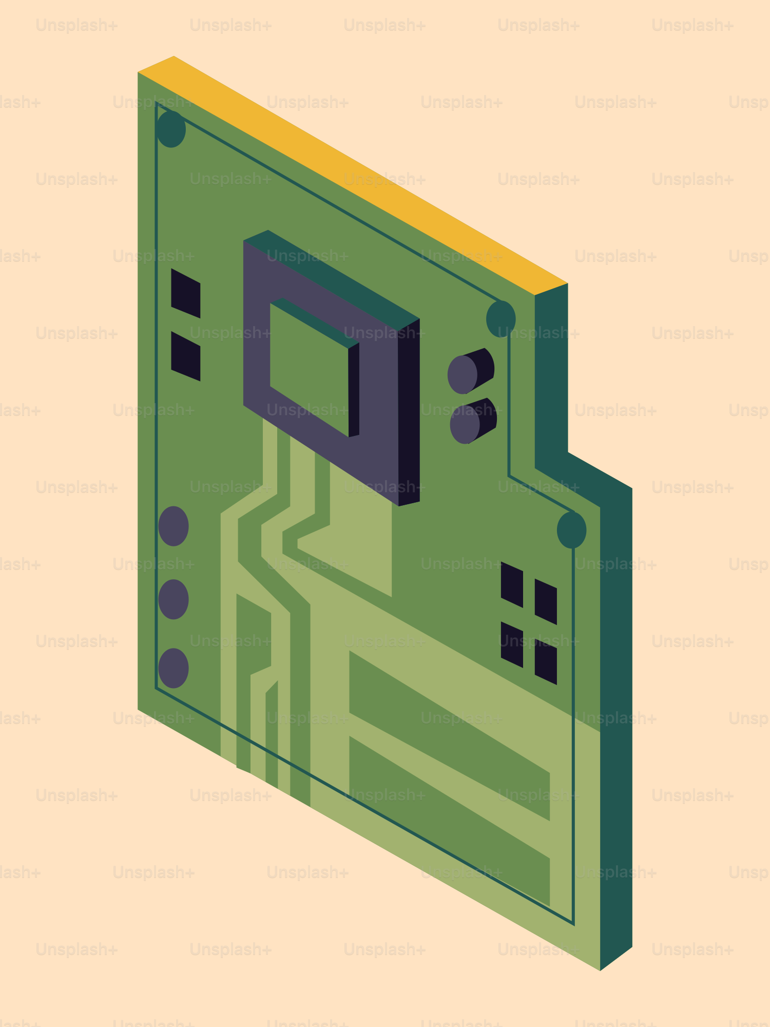 A green circuit board with a central chip.