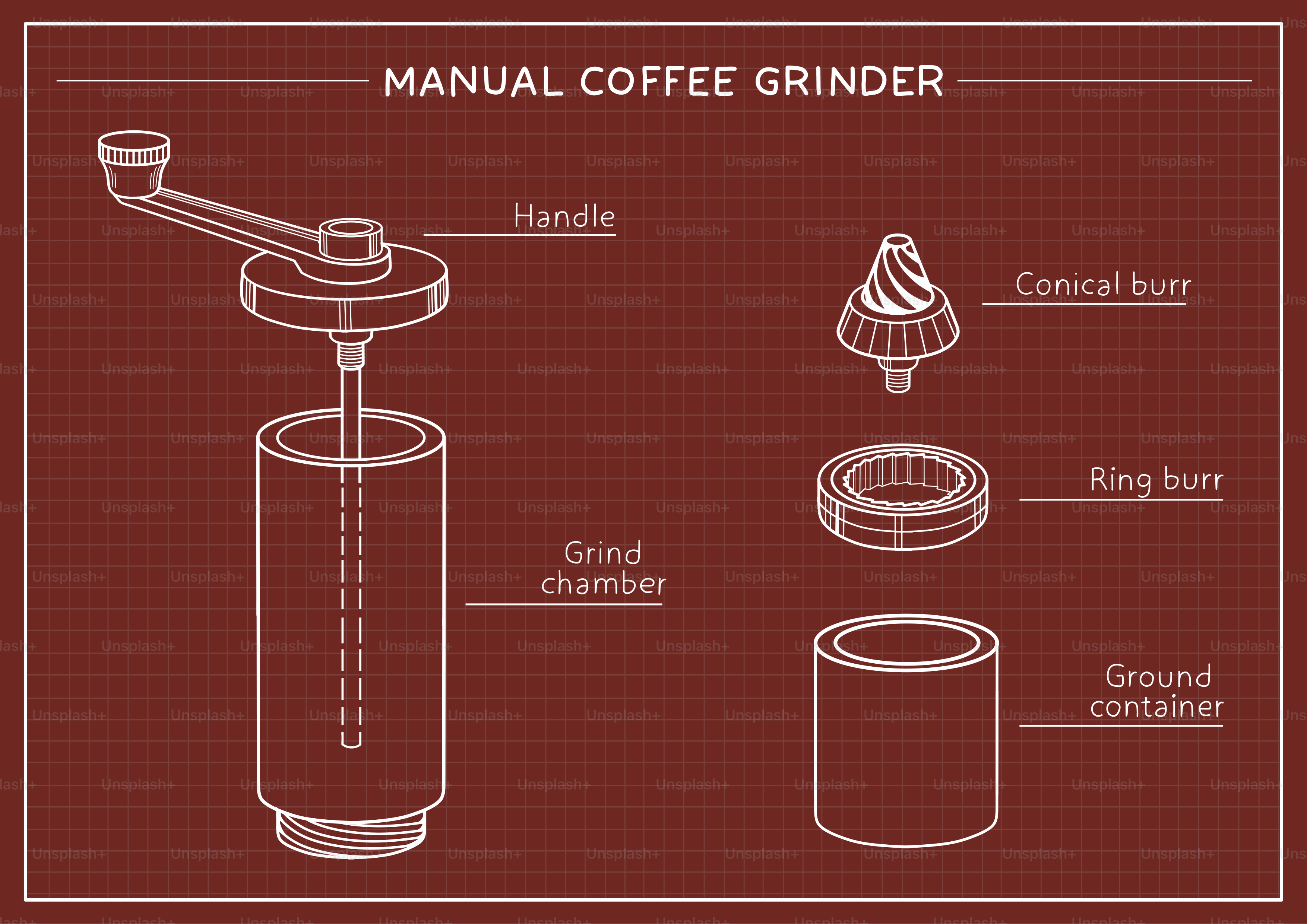 Exploded view of a manual coffee grinder with labeled parts.