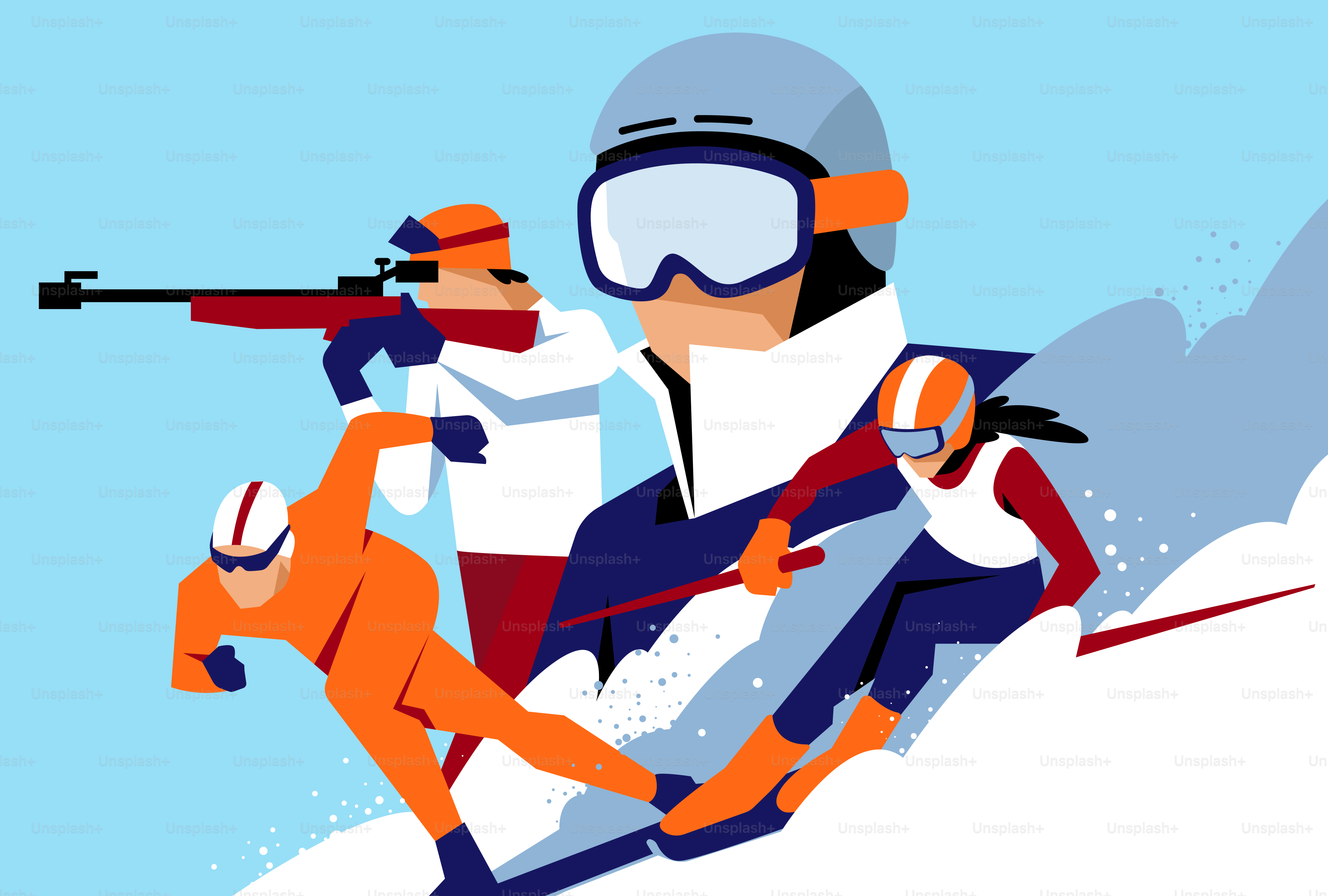 Biathletes ski and shoot in a winter competition.
