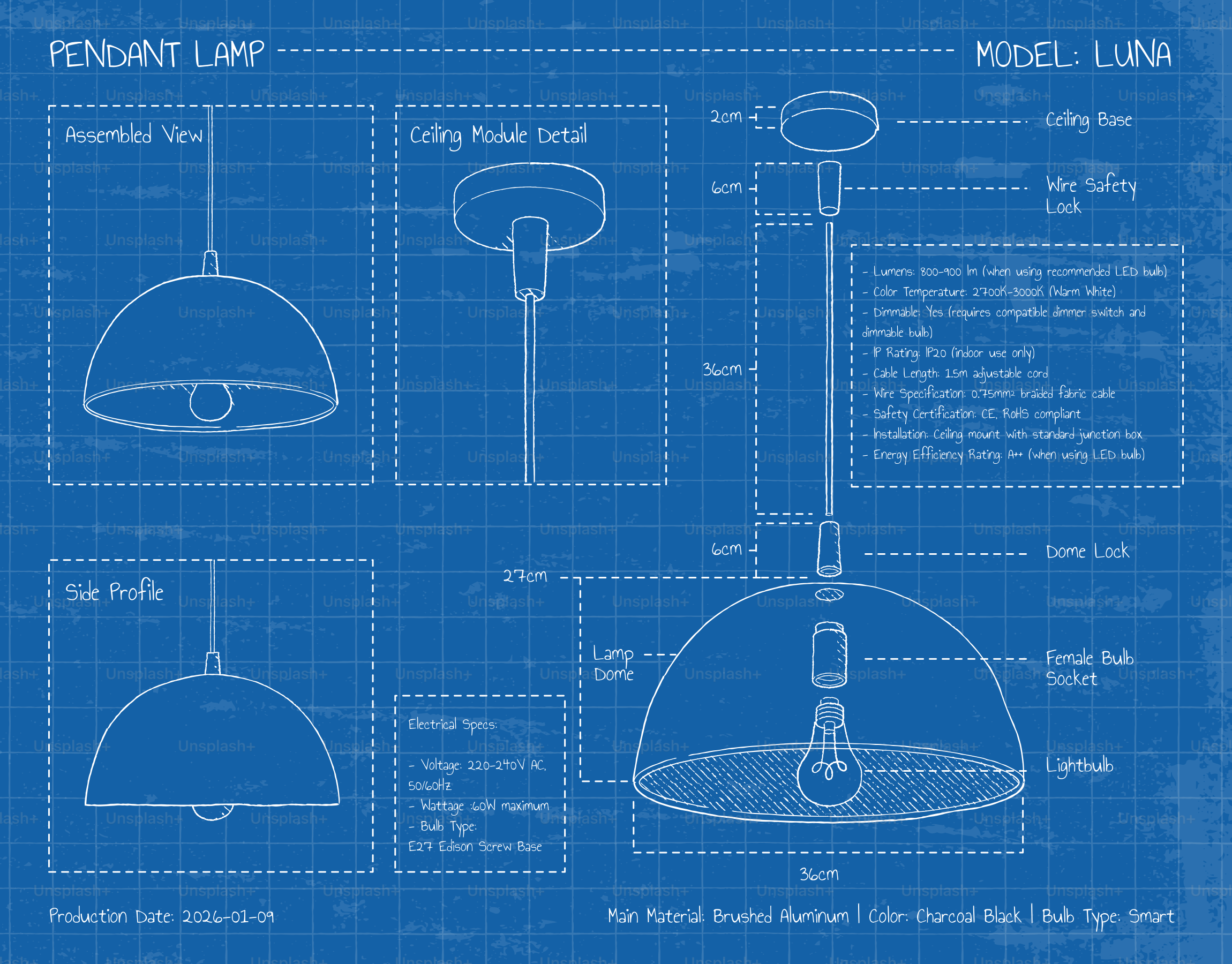 Blueprint of a pendant lamp with detailed diagrams.